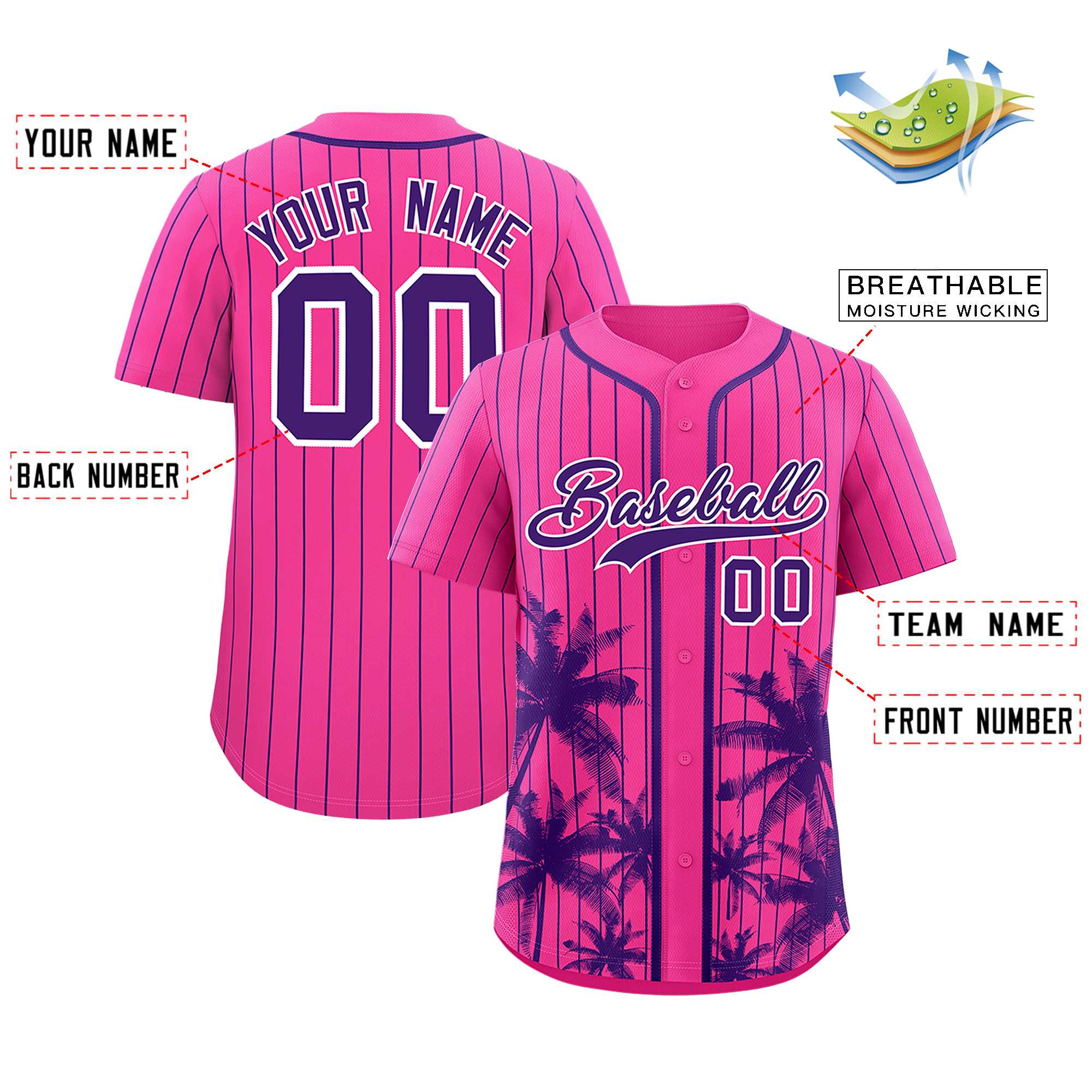 Custom Pink Purple Pinstripe Coconut Tree Pattern Authentic Baseball Jersey