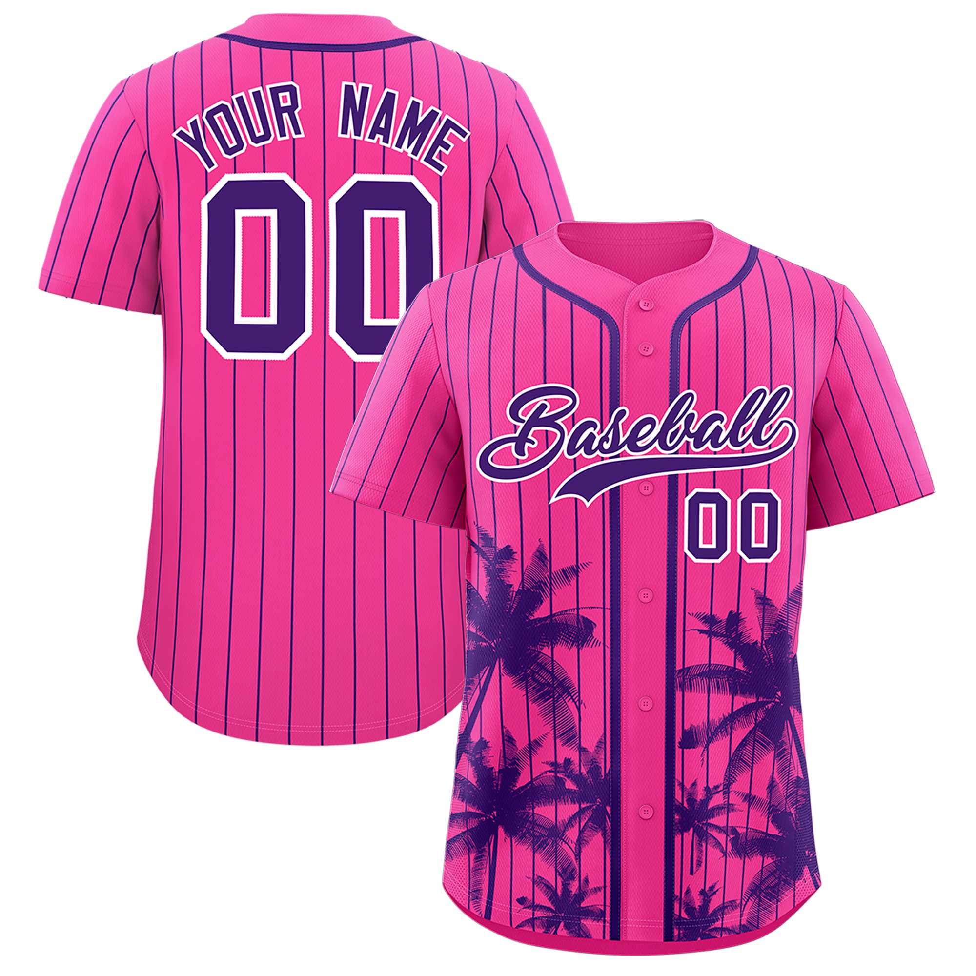 Custom Pink Purple Pinstripe Coconut Tree Pattern Authentic Baseball Jersey