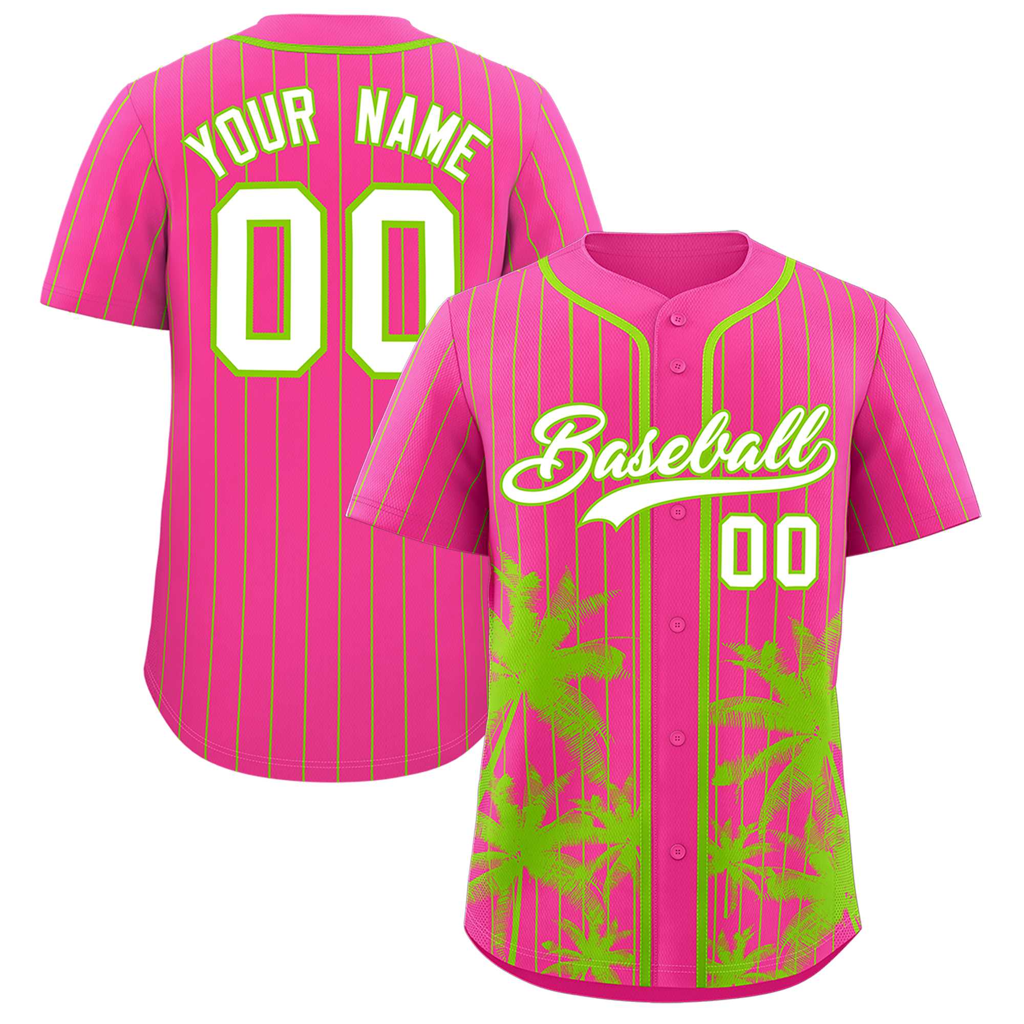 Custom Pink Neon Green Pinstripe Coconut Tree Pattern Authentic Baseball Jersey