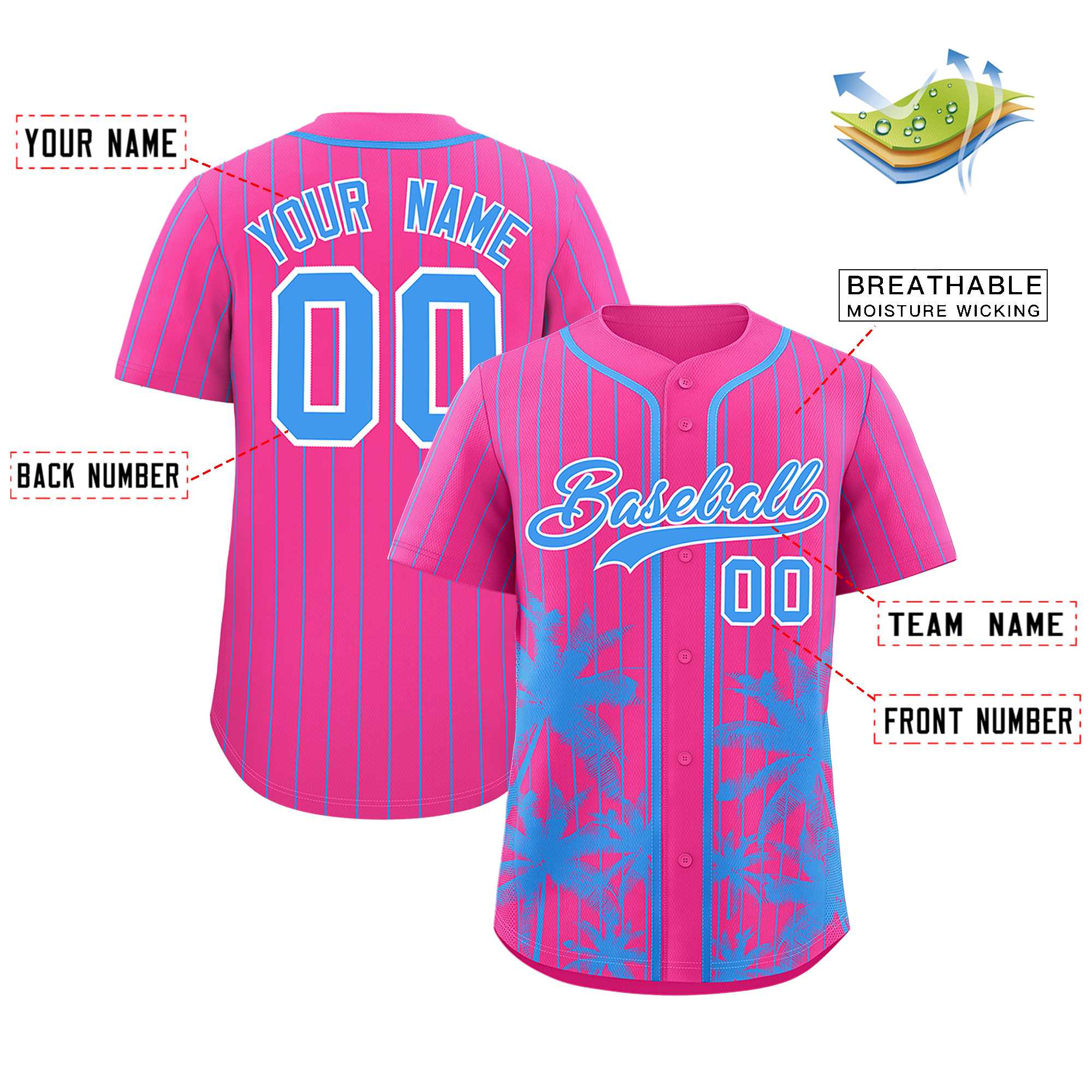 Custom Pink Powder Blue Pinstripe Coconut Tree Pattern Authentic Baseball Jersey