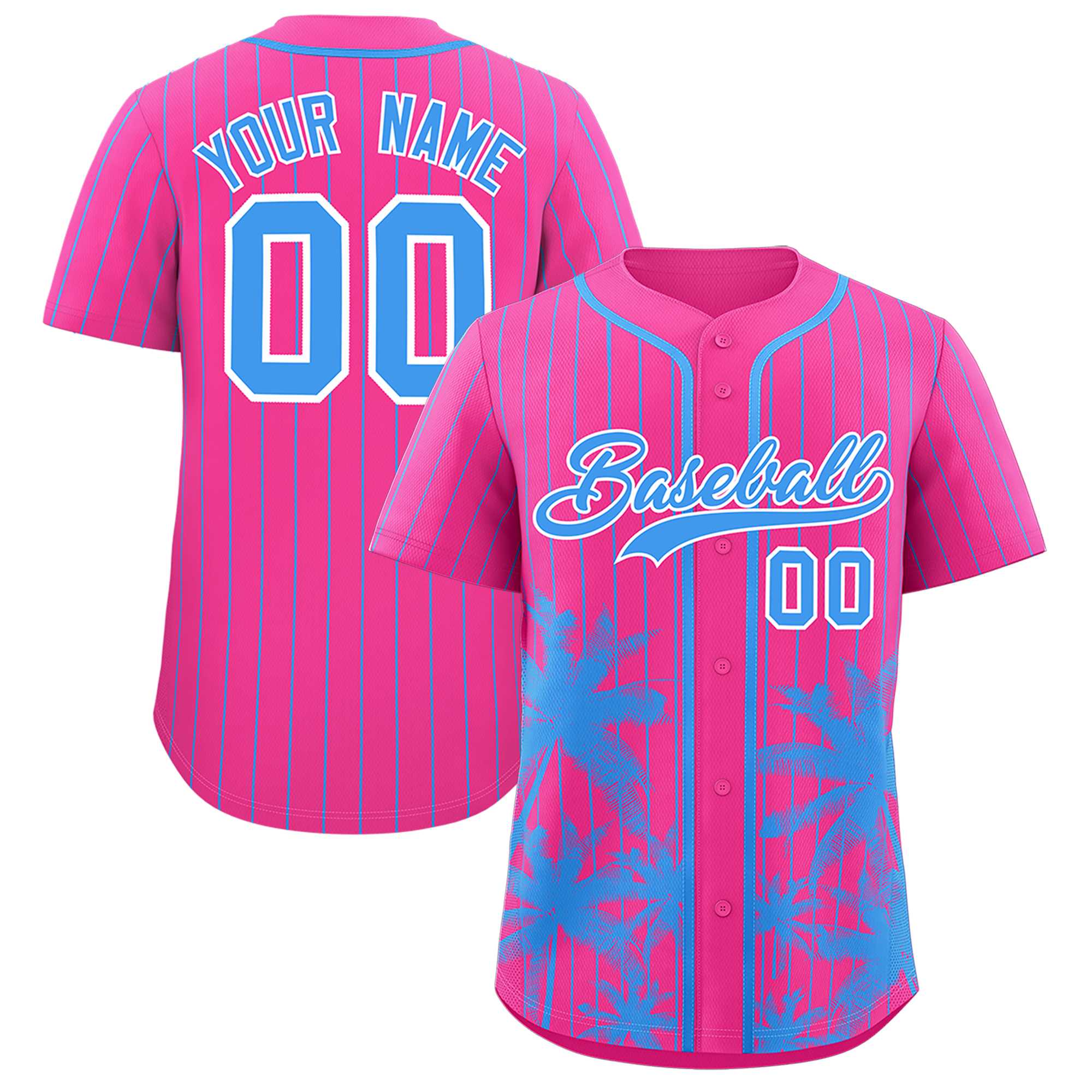 Custom Pink Powder Blue Pinstripe Coconut Tree Pattern Authentic Baseball Jersey