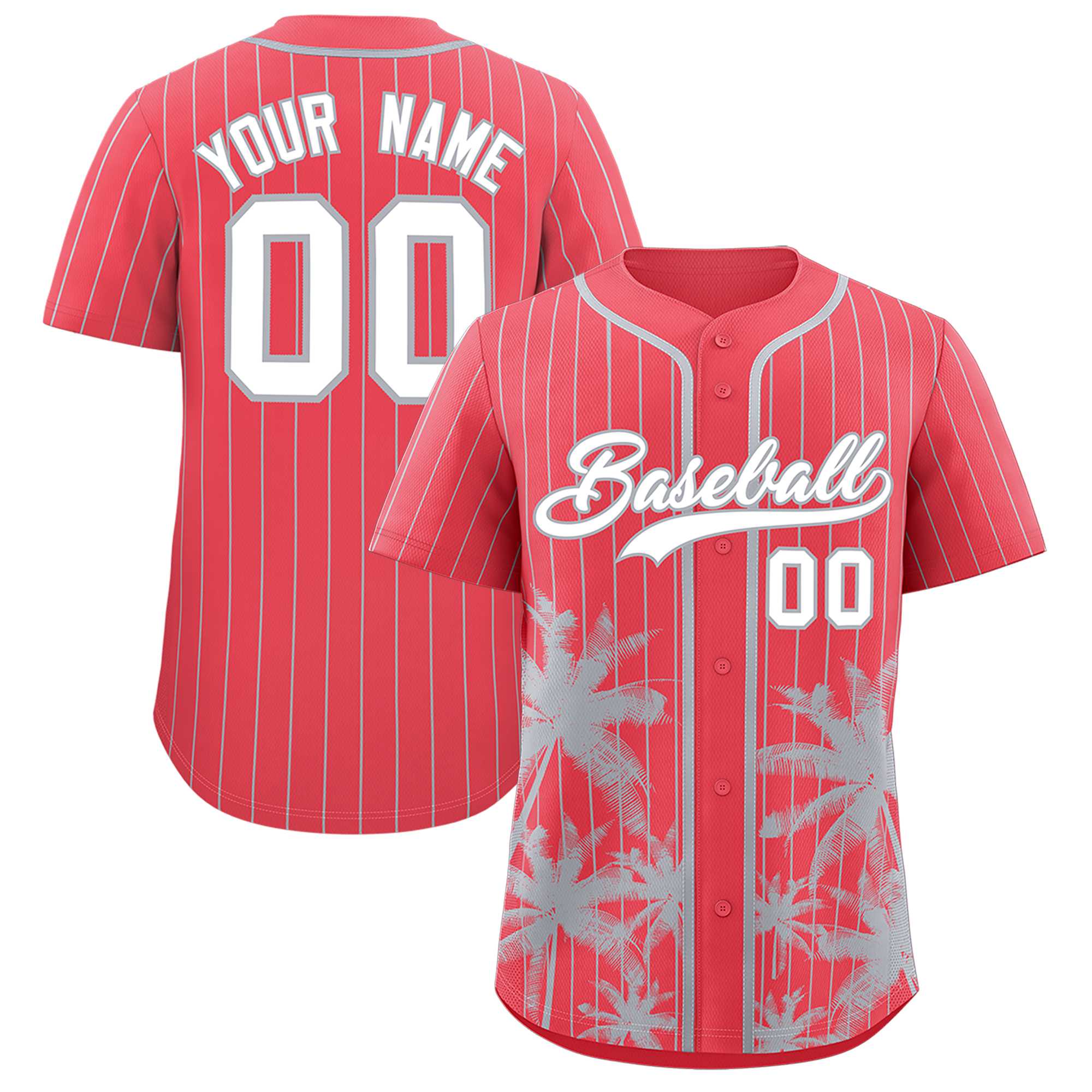 Custom Light Red Gray Pinstripe Coconut Tree Pattern Authentic Baseball Jersey