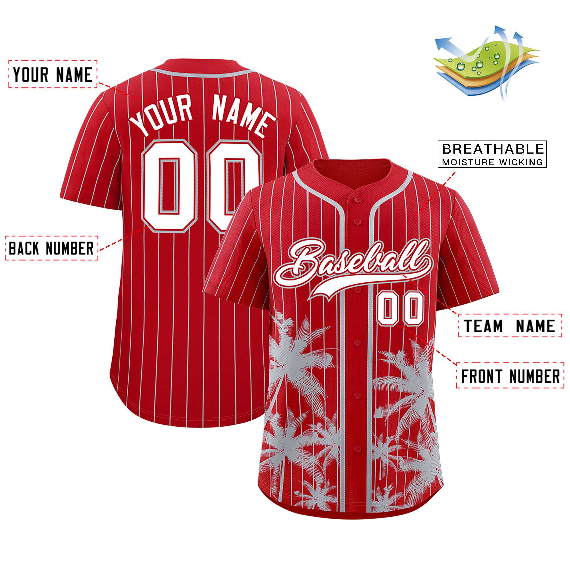 Custom Red Gray Pinstripe Coconut Tree Pattern Authentic Baseball Jersey