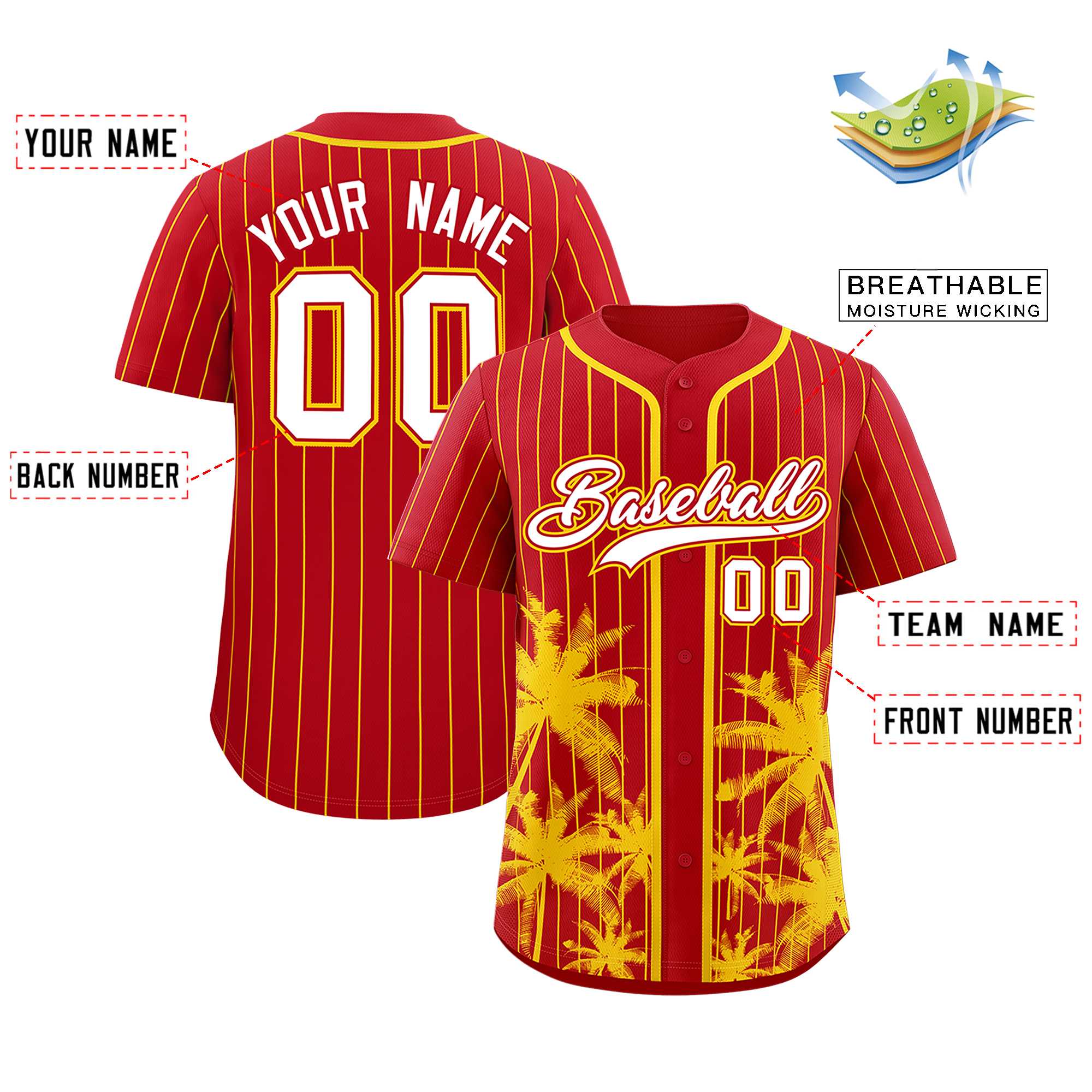 Custom Red Gold Pinstripe Coconut Tree Pattern Authentic Baseball Jersey