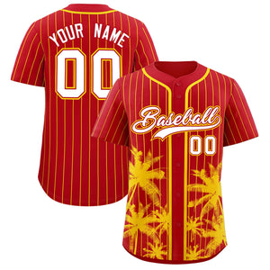 Custom Red Gold Pinstripe Coconut Tree Pattern Authentic Baseball Jersey