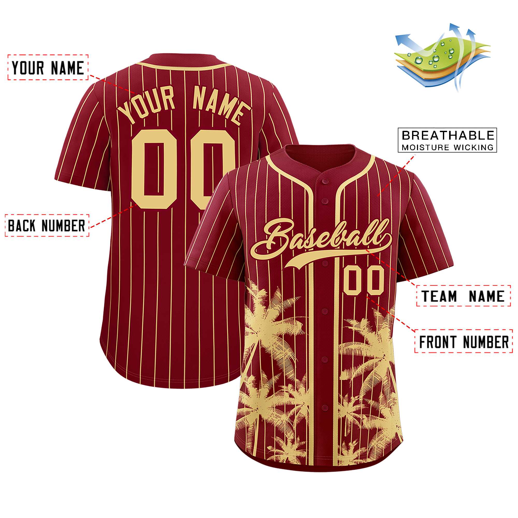 Custom Crimson Khaki Pinstripe Coconut Tree Pattern Authentic Baseball Jersey