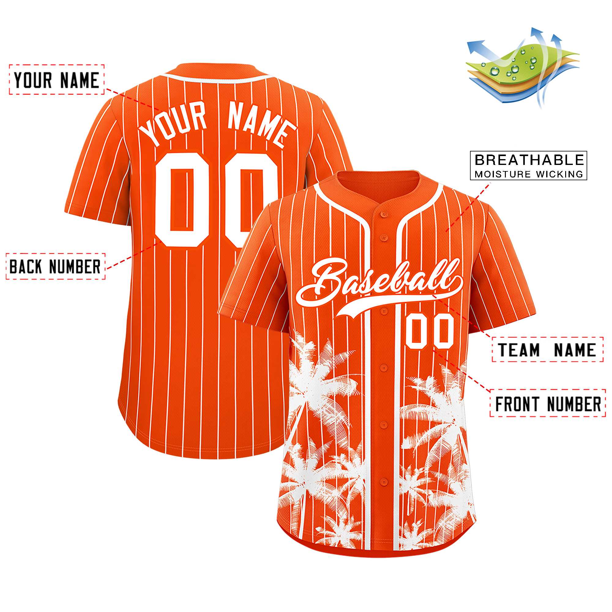 Custom Orange White Pinstripe Coconut Tree Pattern Authentic Baseball Jersey