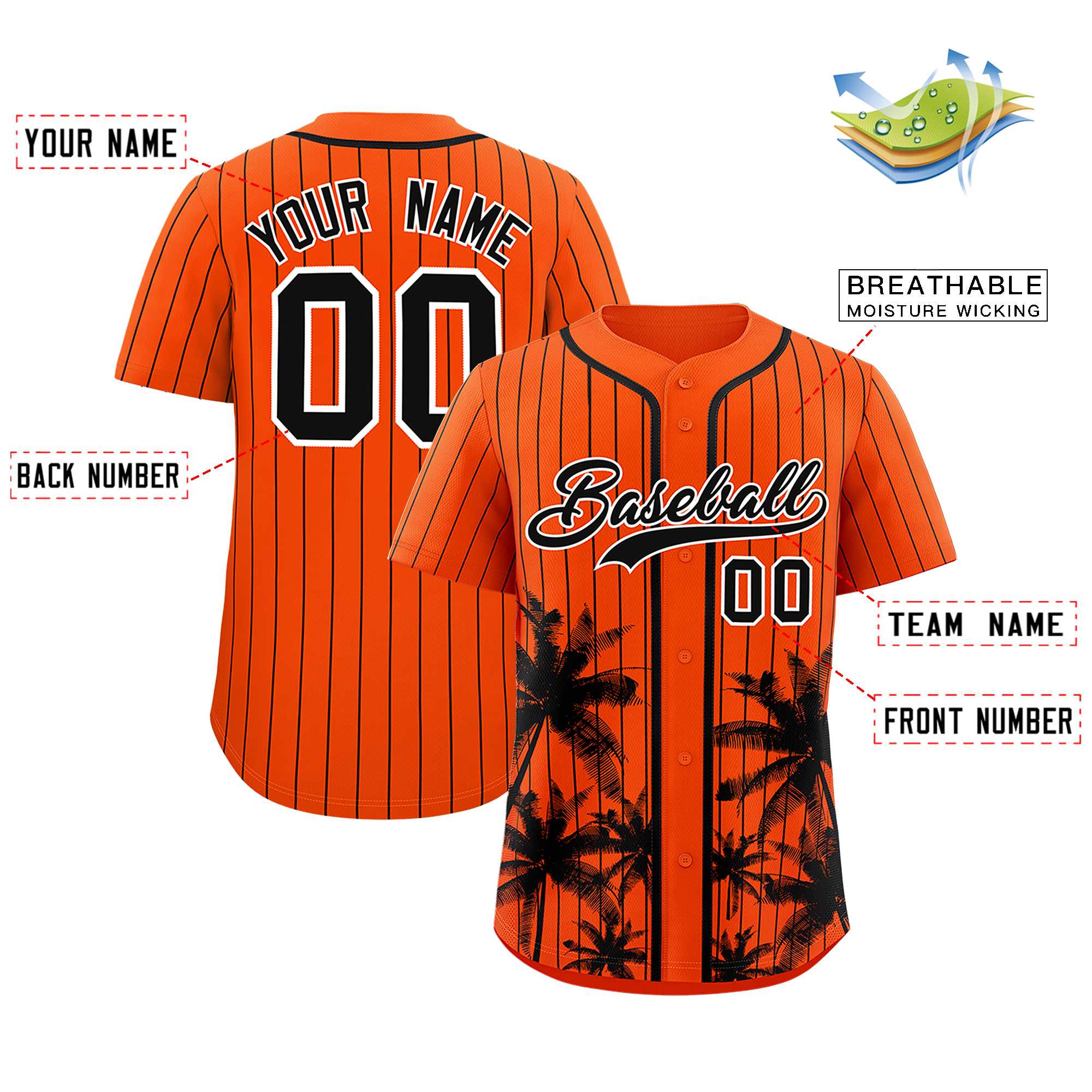 Custom Orange Black Pinstripe Coconut Tree Pattern Authentic Baseball Jersey