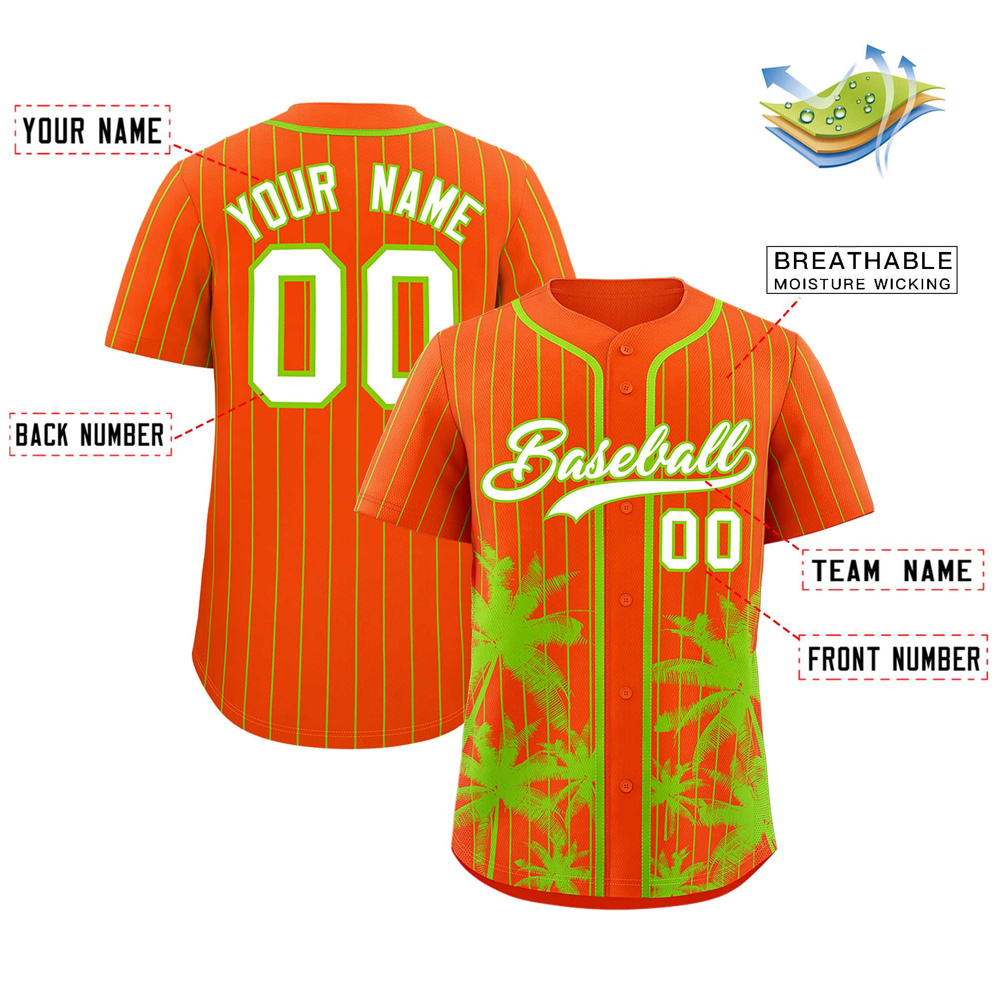 Custom Orange Neon Green Pinstripe Coconut Tree Pattern Authentic Baseball Jersey