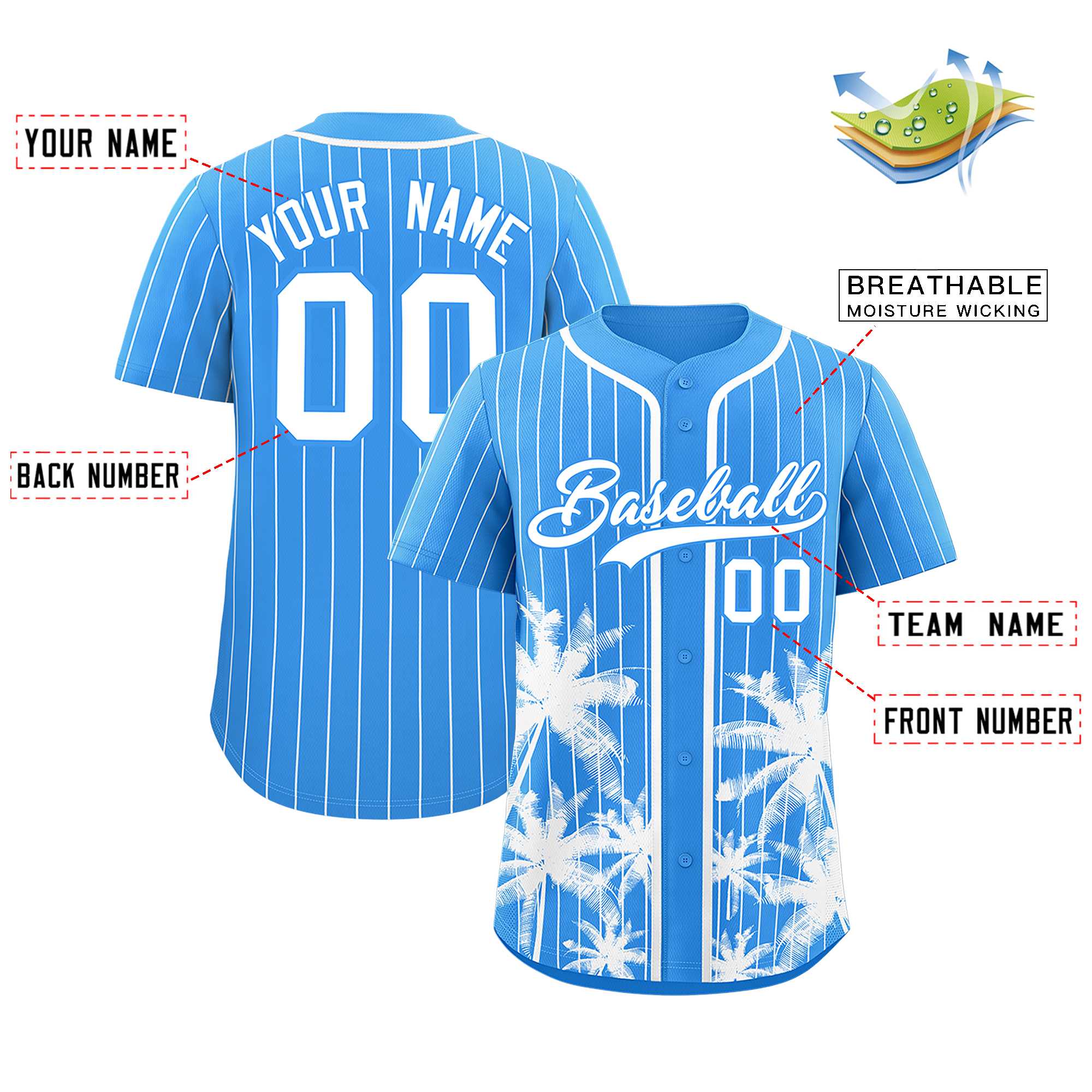 Custom Powder Blue White Pinstripe Coconut Tree Pattern Authentic Baseball Jersey