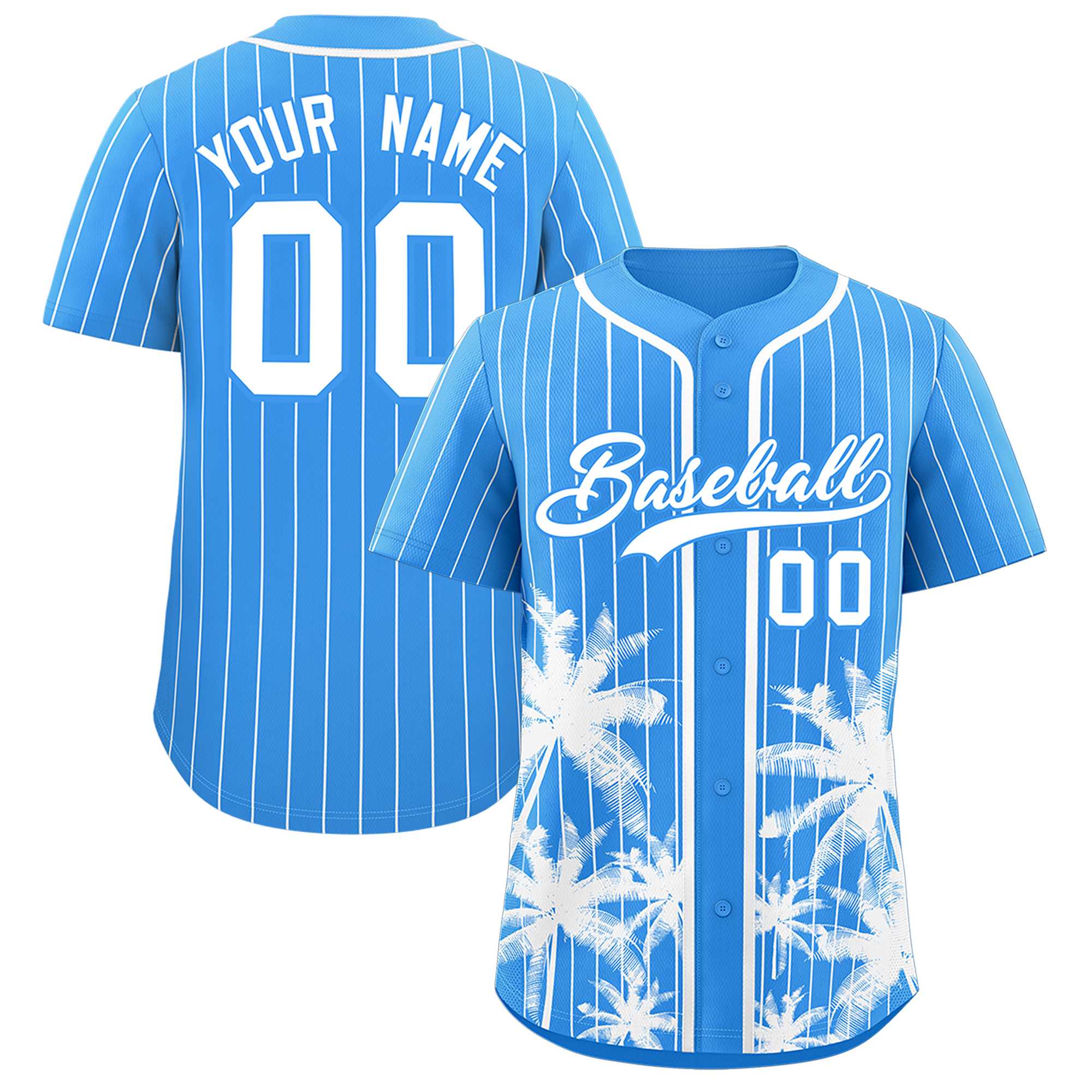 Custom Powder Blue White Pinstripe Coconut Tree Pattern Authentic Baseball Jersey