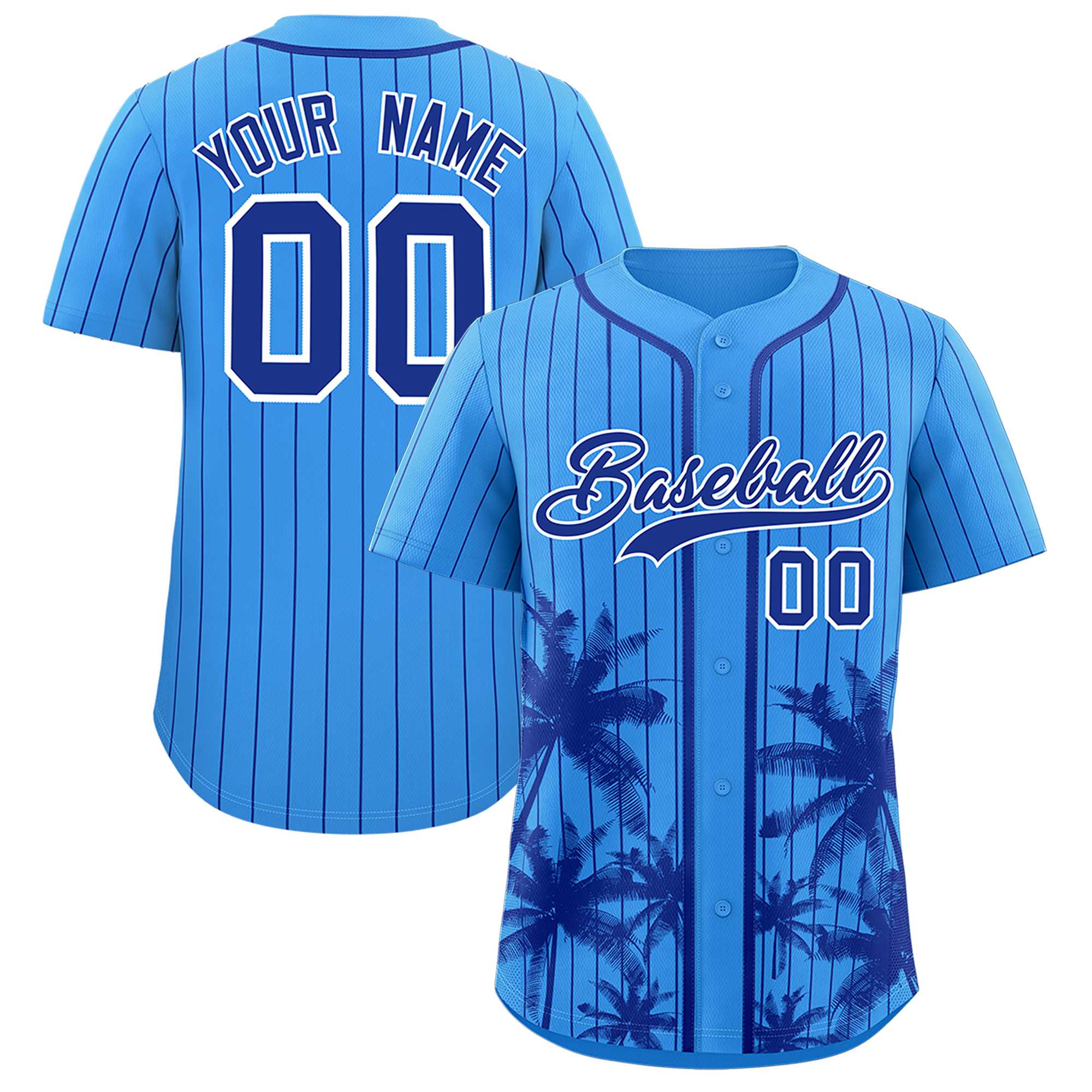 Custom Powder Blue Royal Pinstripe Coconut Tree Pattern Authentic Baseball Jersey