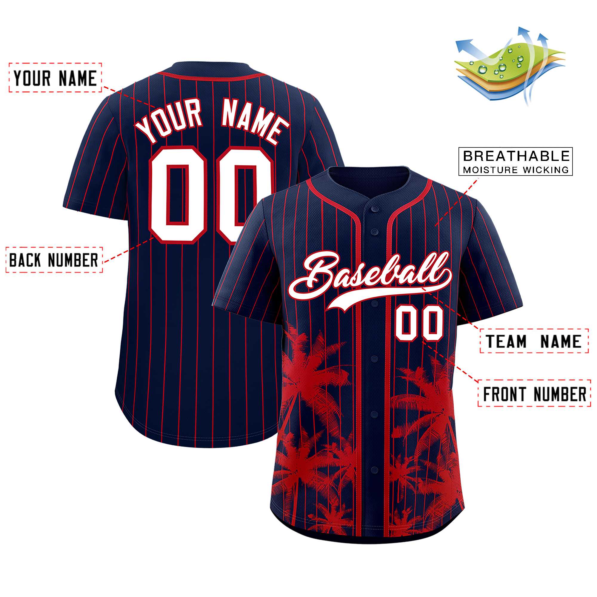 Custom Navy Red Pinstripe Coconut Tree Pattern Authentic Baseball Jersey