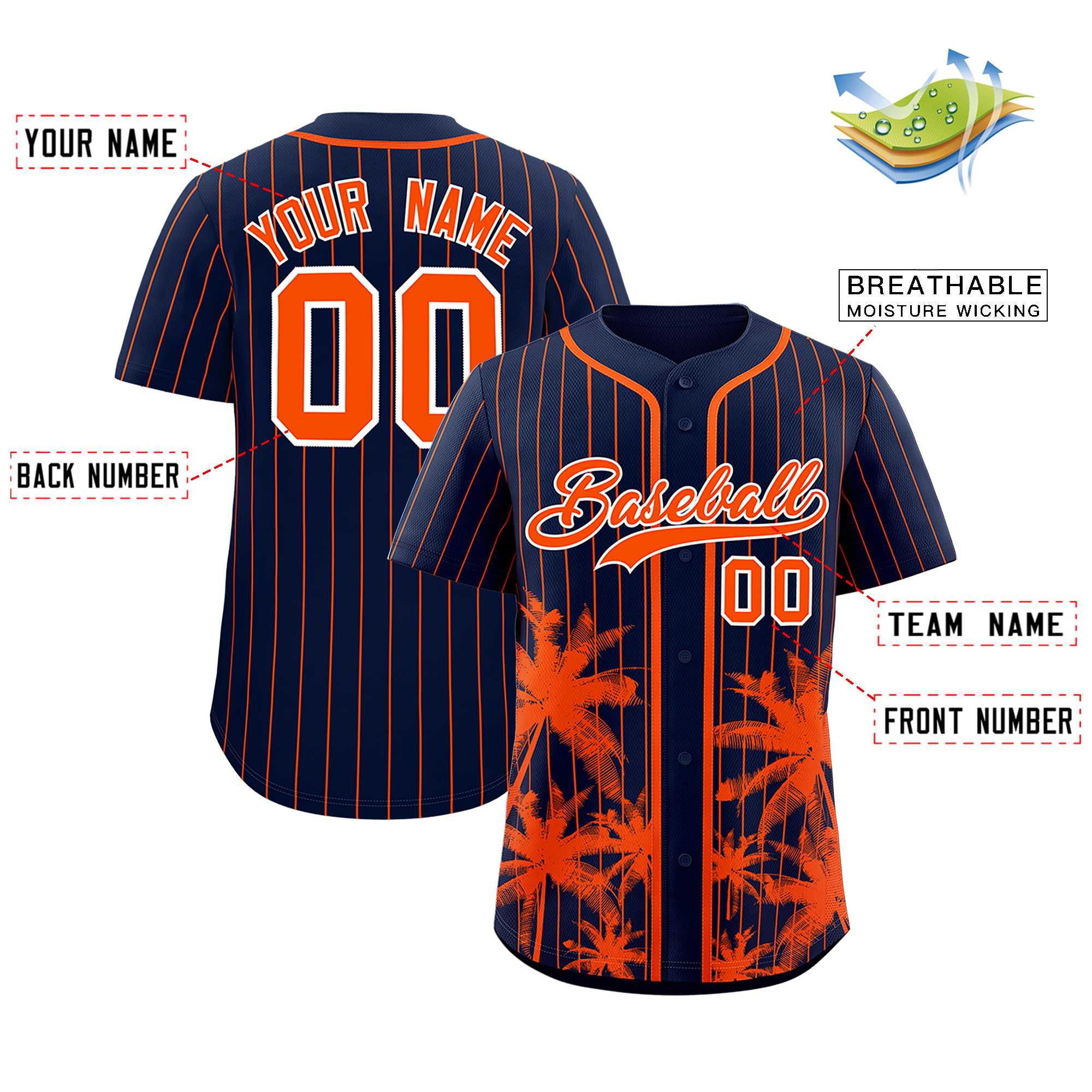 Custom Navy Orange Pinstripe Coconut Tree Pattern Authentic Baseball Jersey