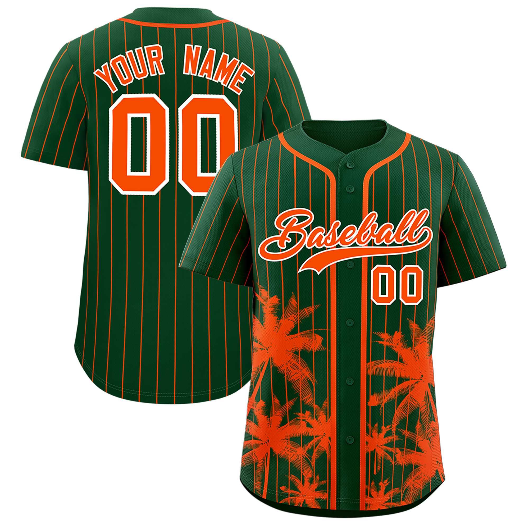 Custom Green Orange Pinstripe Coconut Tree Pattern Authentic Baseball Jersey