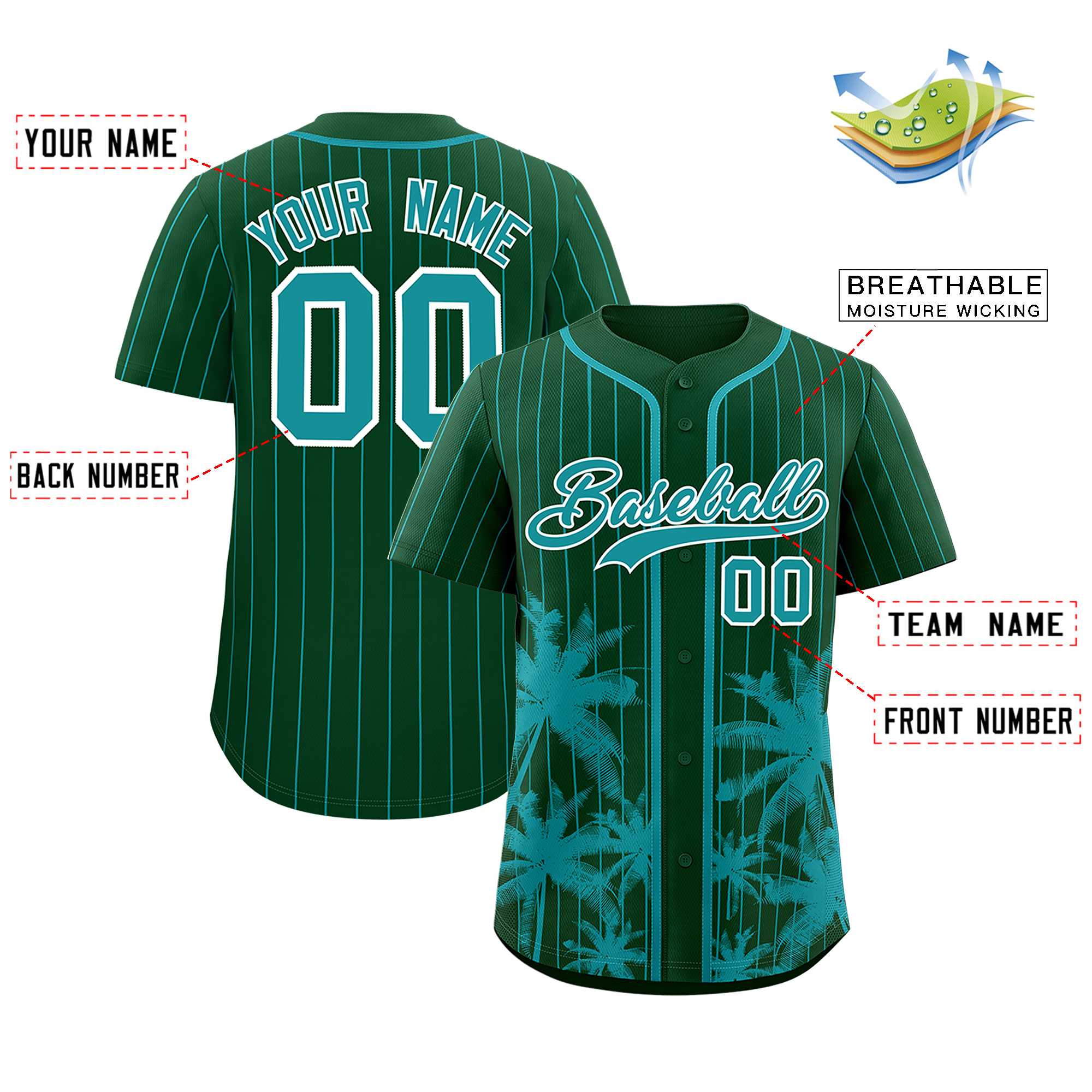 Custom Green Aqua Pinstripe Coconut Tree Pattern Authentic Baseball Jersey