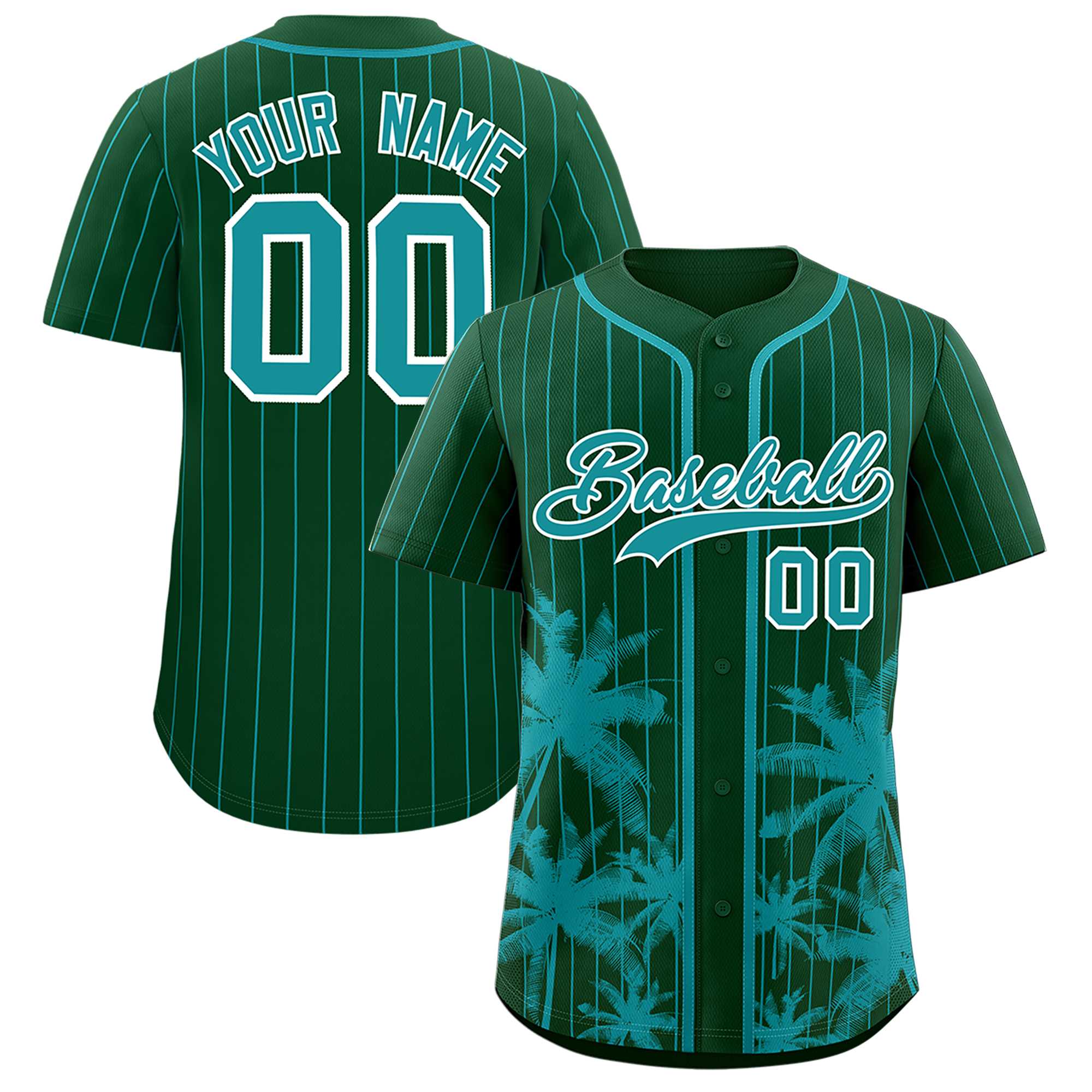 Custom Green Aqua Pinstripe Coconut Tree Pattern Authentic Baseball Jersey