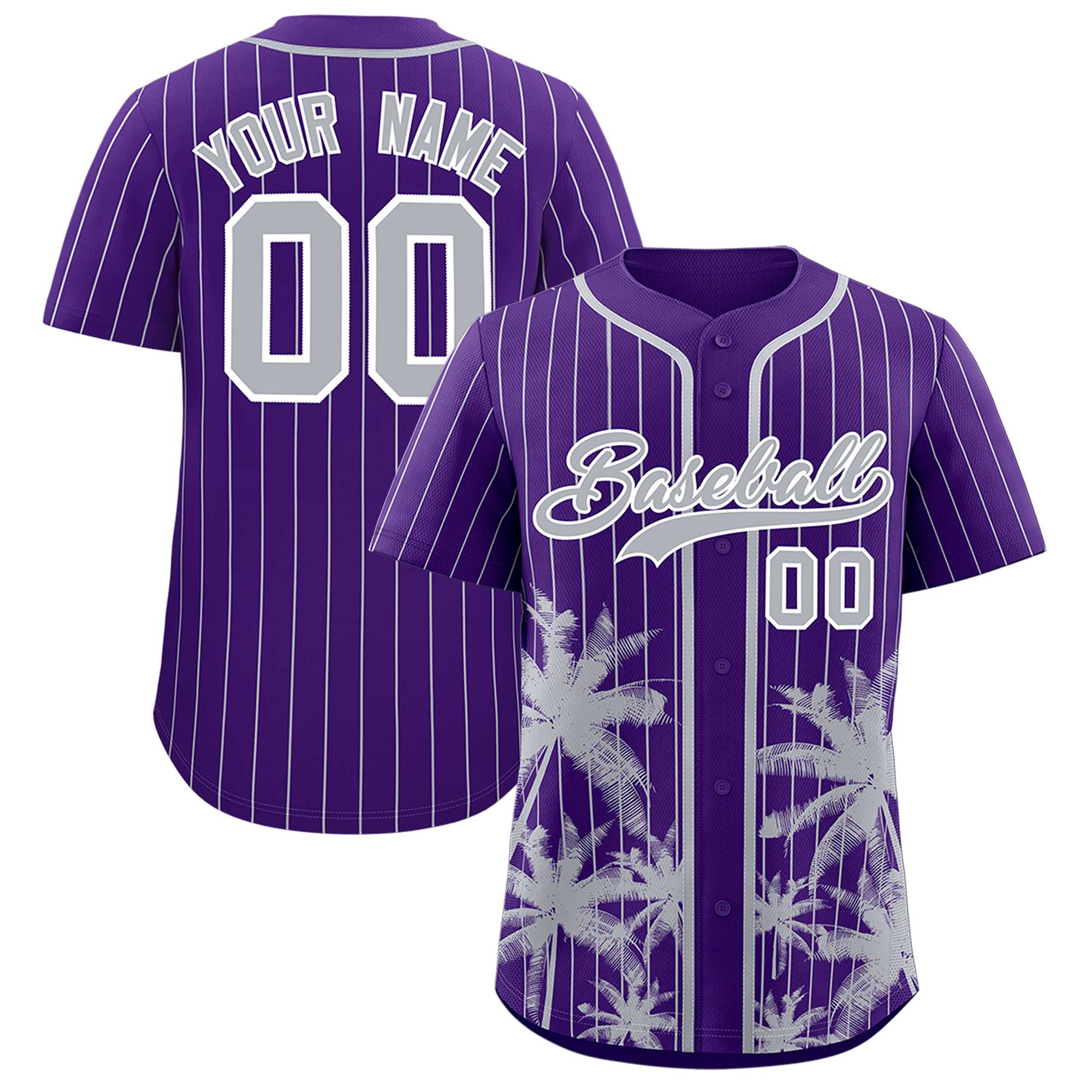 Custom Purple Gray Pinstripe Coconut Tree Pattern Authentic Baseball Jersey