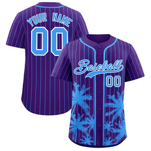 Custom Purple Powder Blue Pinstripe Coconut Tree Pattern Authentic Baseball Jersey