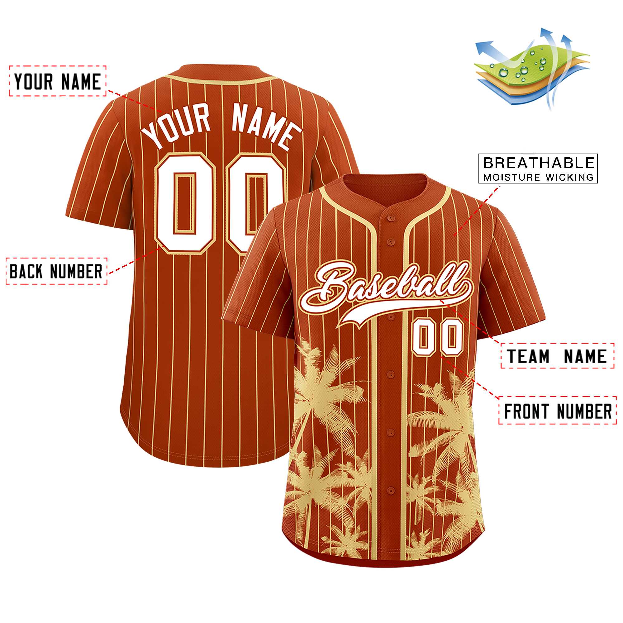 Custom Texas Orange Khaki Pinstripe Coconut Tree Pattern Authentic Baseball Jersey