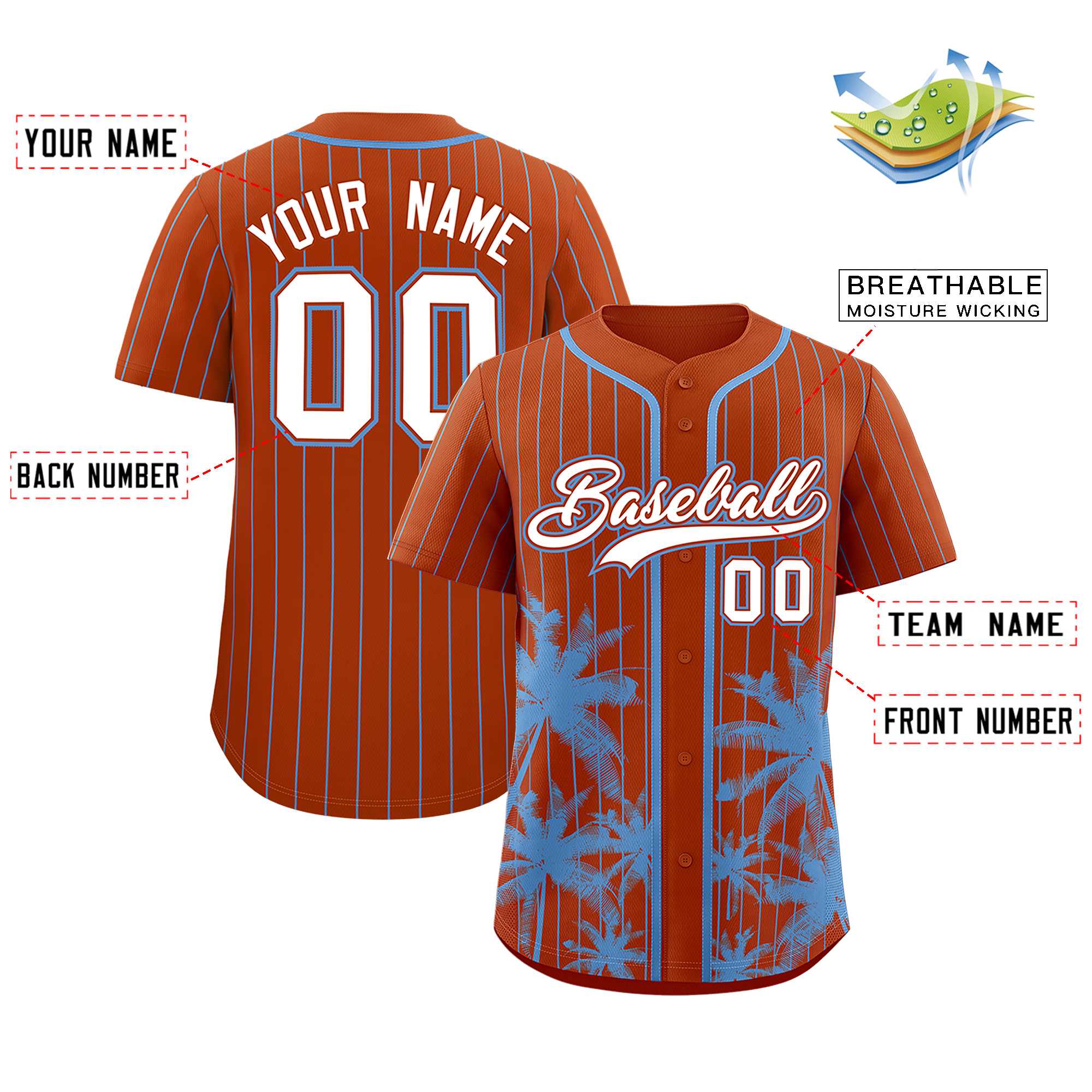 Custom Texas Orange Light Blue Pinstripe Coconut Tree Pattern Authentic Baseball Jersey