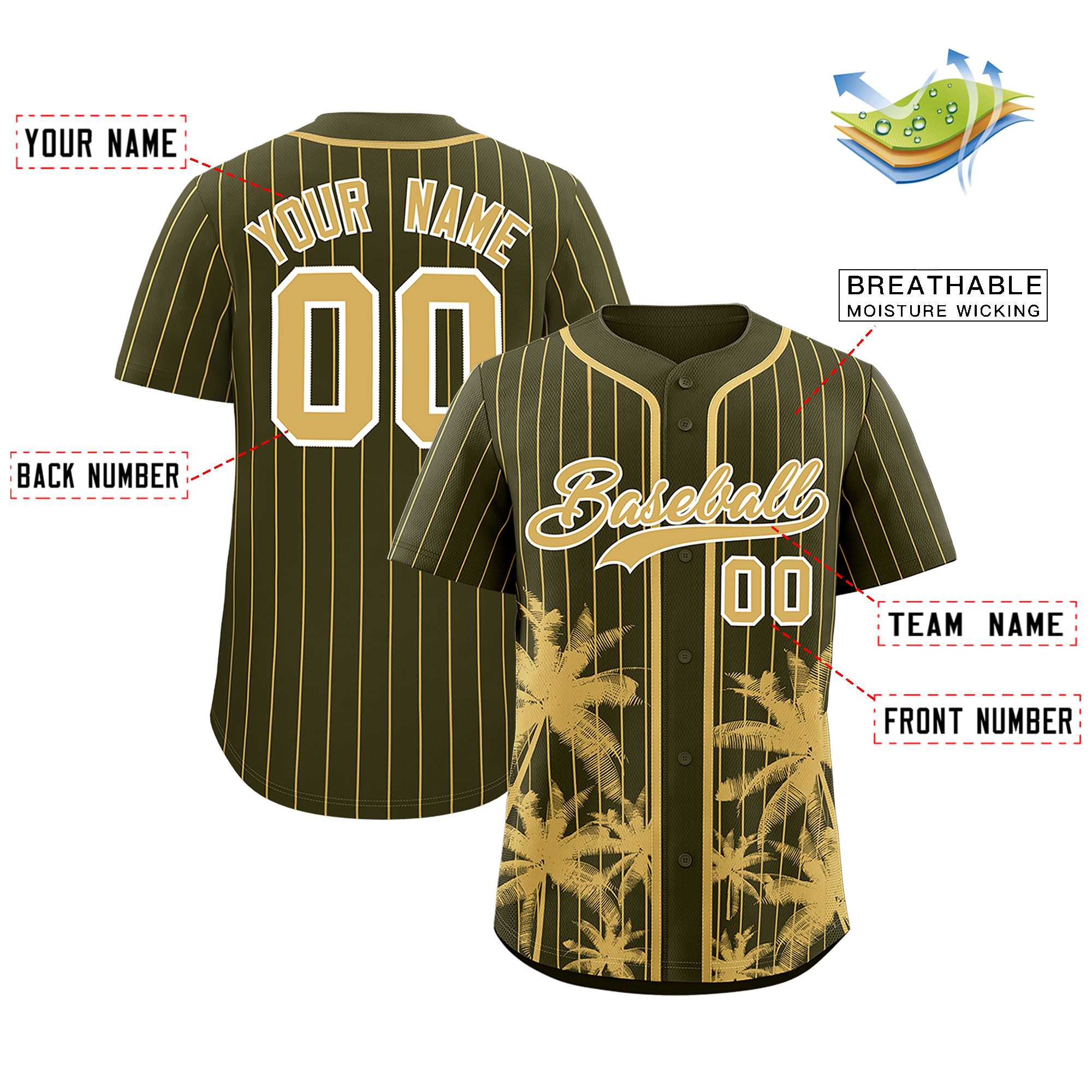 Custom Olive Old Gold Pinstripe Coconut Tree Pattern Authentic Baseball Jersey