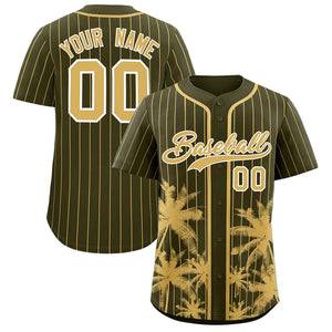 Custom Olive Old Gold Pinstripe Coconut Tree Pattern Authentic Baseball Jersey