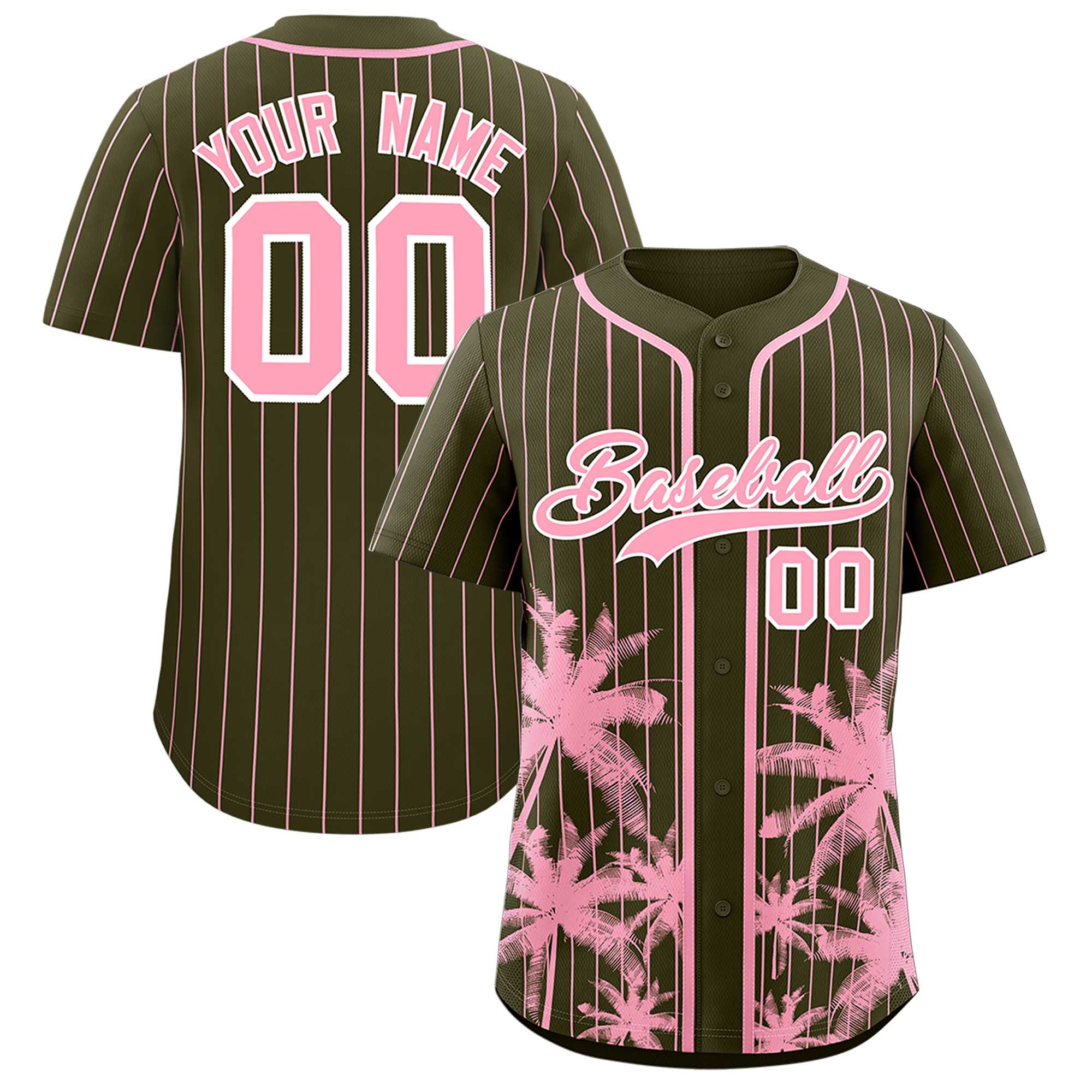 Custom Olive Light Pink Pinstripe Coconut Tree Pattern Authentic Baseball Jersey