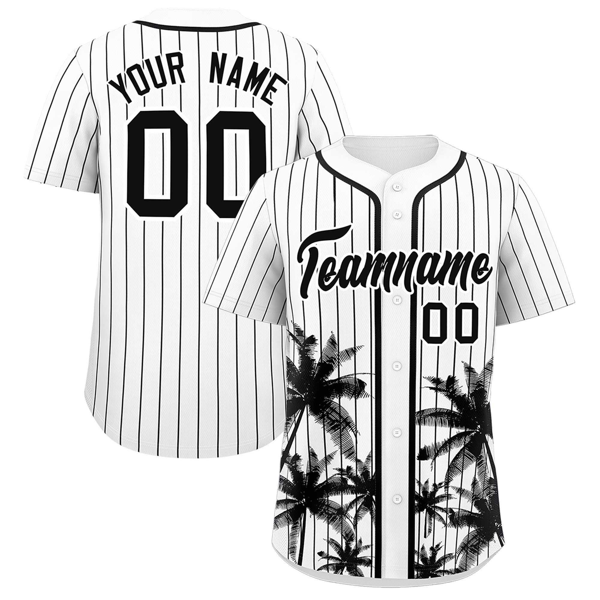 Custom White Black Pinstripe Coconut Tree Pattern Authentic Baseball Jersey