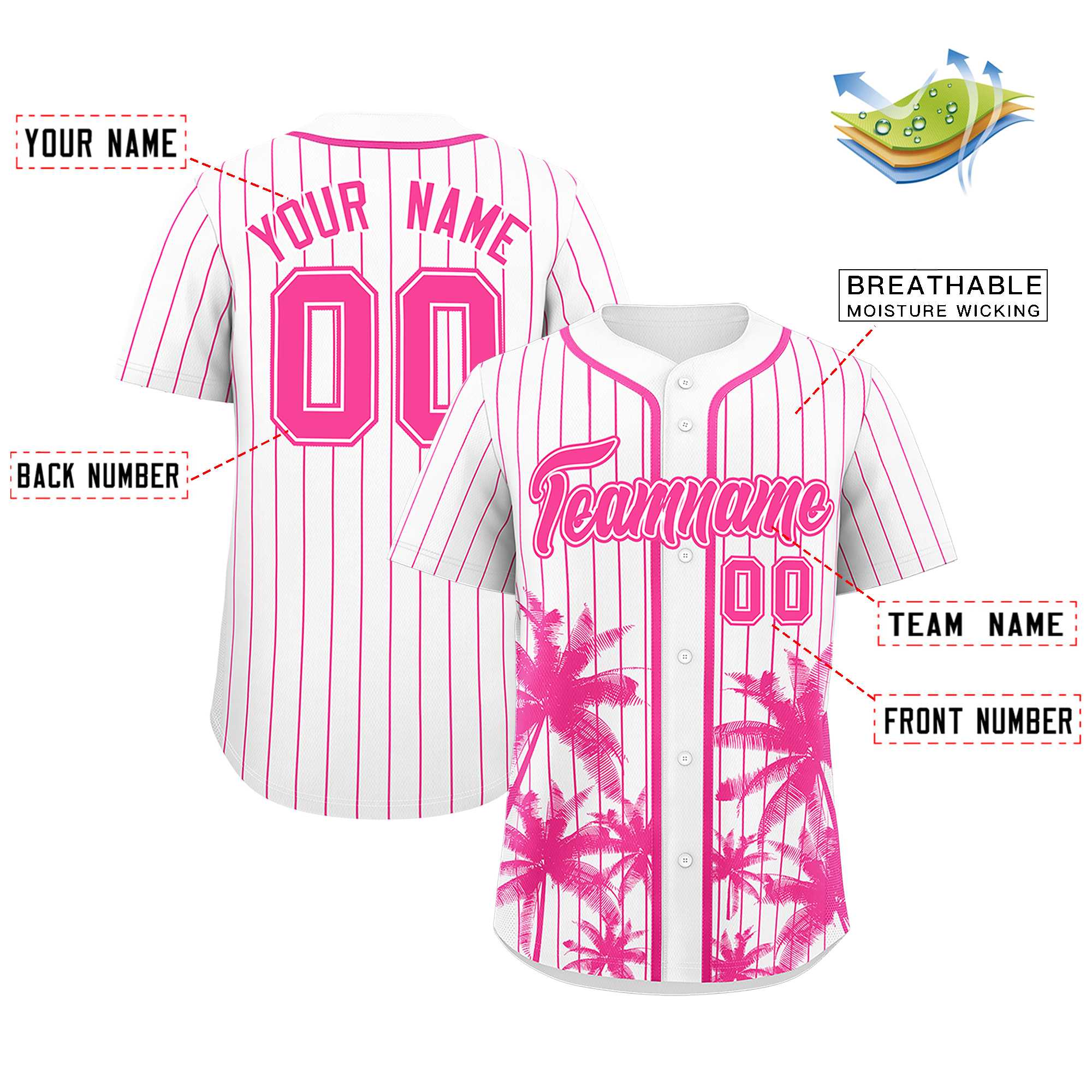 Custom White Pink Pinstripe Coconut Tree Pattern Authentic Baseball Jersey