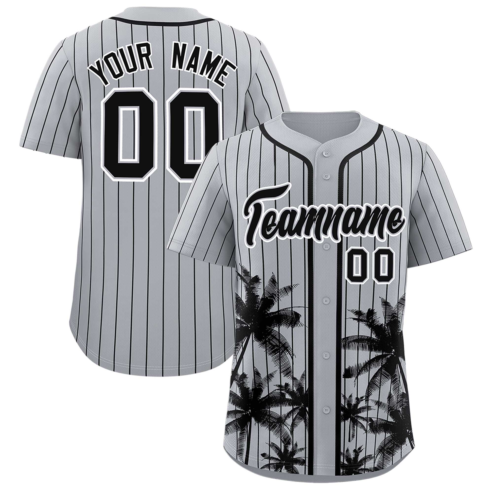 Custom Gray Black Pinstripe Coconut Tree Pattern Authentic Baseball Jersey