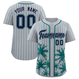 Custom Gray Aqua Pinstripe Coconut Tree Pattern Authentic Baseball Jersey