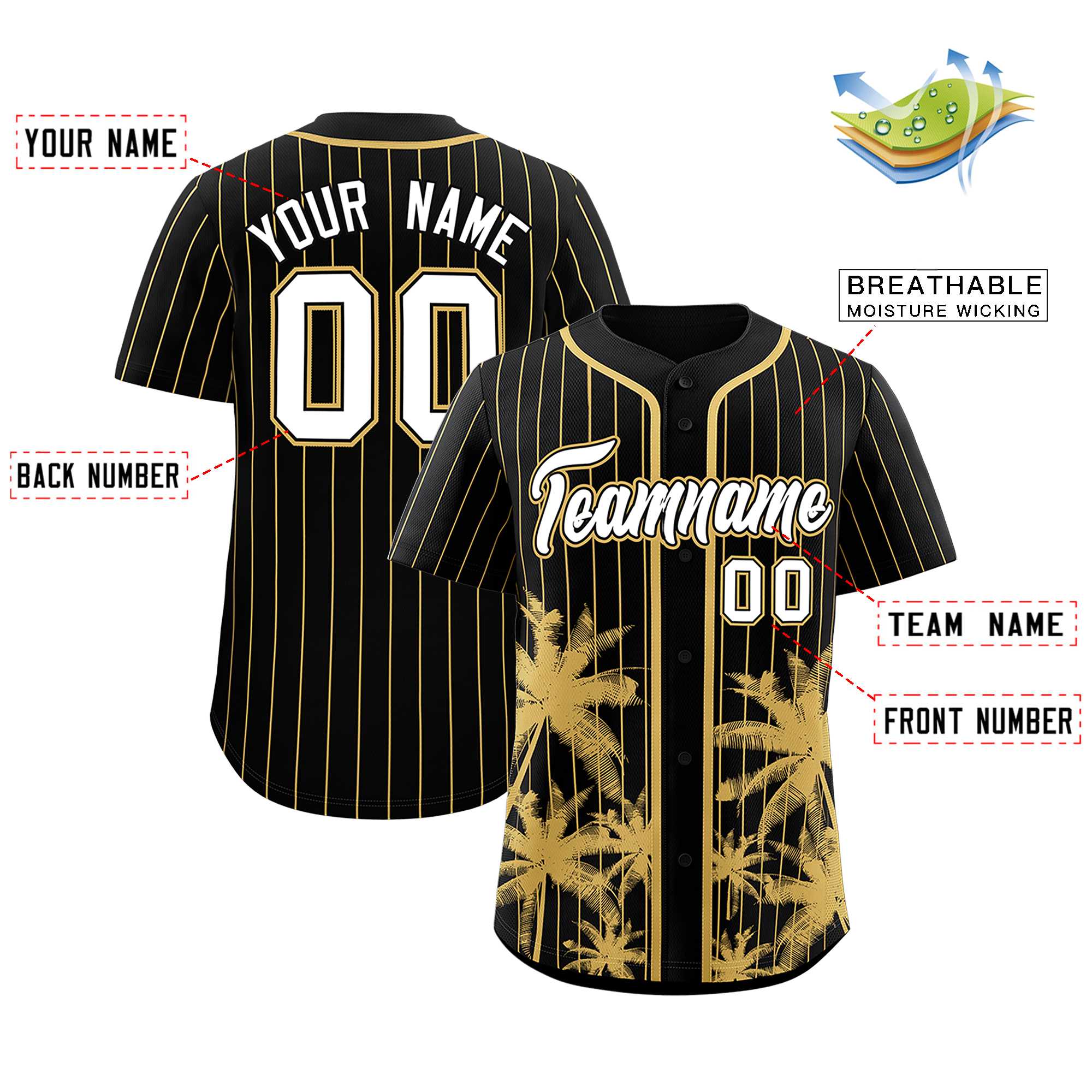 Custom Black Old Gold Pinstripe Coconut Tree Pattern Authentic Baseball Jersey