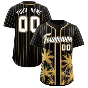 Custom Black Old Gold Pinstripe Coconut Tree Pattern Authentic Baseball Jersey