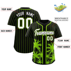 Custom Black Neon Green Pinstripe Coconut Tree Pattern Authentic Baseball Jersey