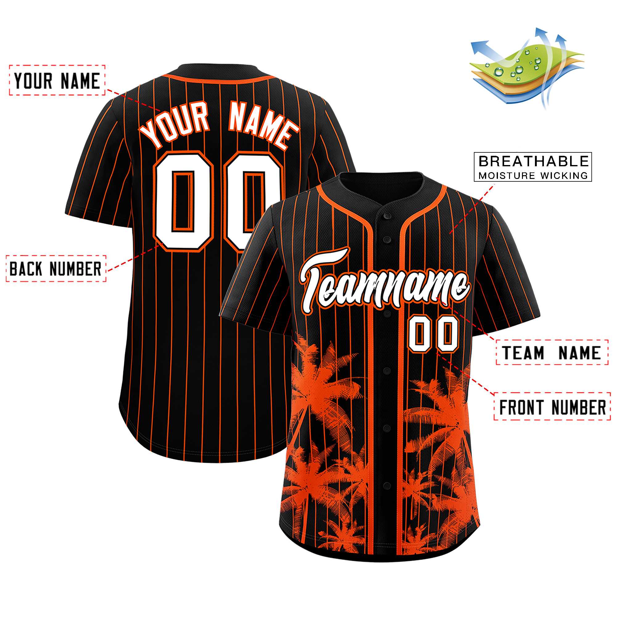 Custom Black Orange Pinstripe Coconut Tree Pattern Authentic Baseball Jersey