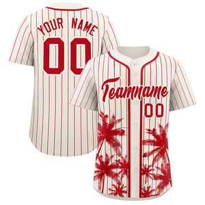 Custom Cream Red Pinstripe Coconut Tree Pattern Authentic Baseball Jersey