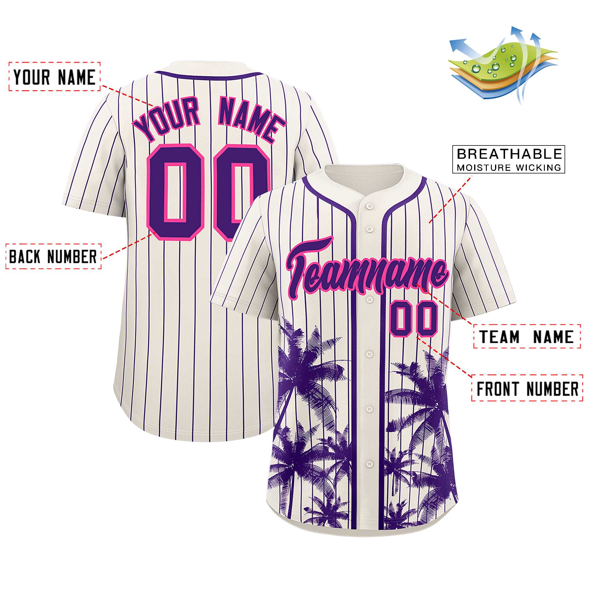 Custom Cream Purple Pinstripe Coconut Tree Pattern Authentic Baseball Jersey