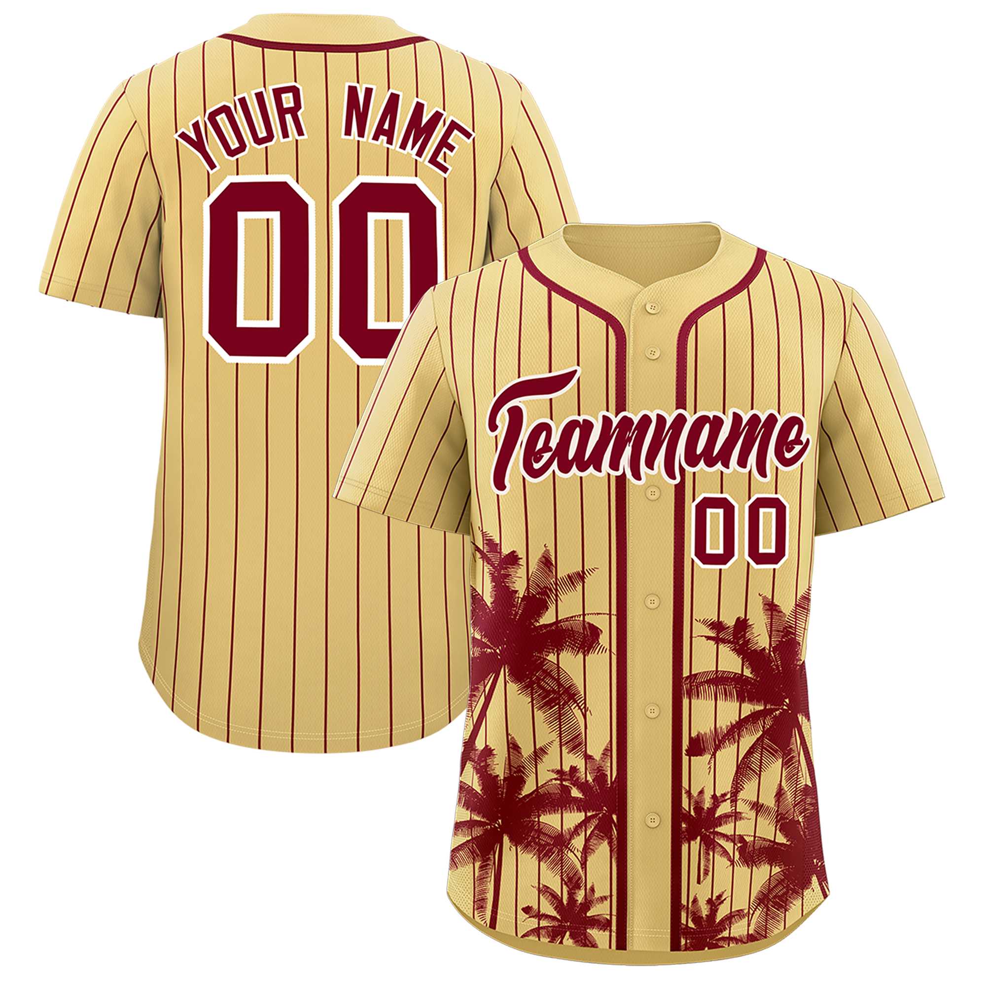 Custom Khaki Crimson Pinstripe Coconut Tree Pattern Authentic Baseball Jersey