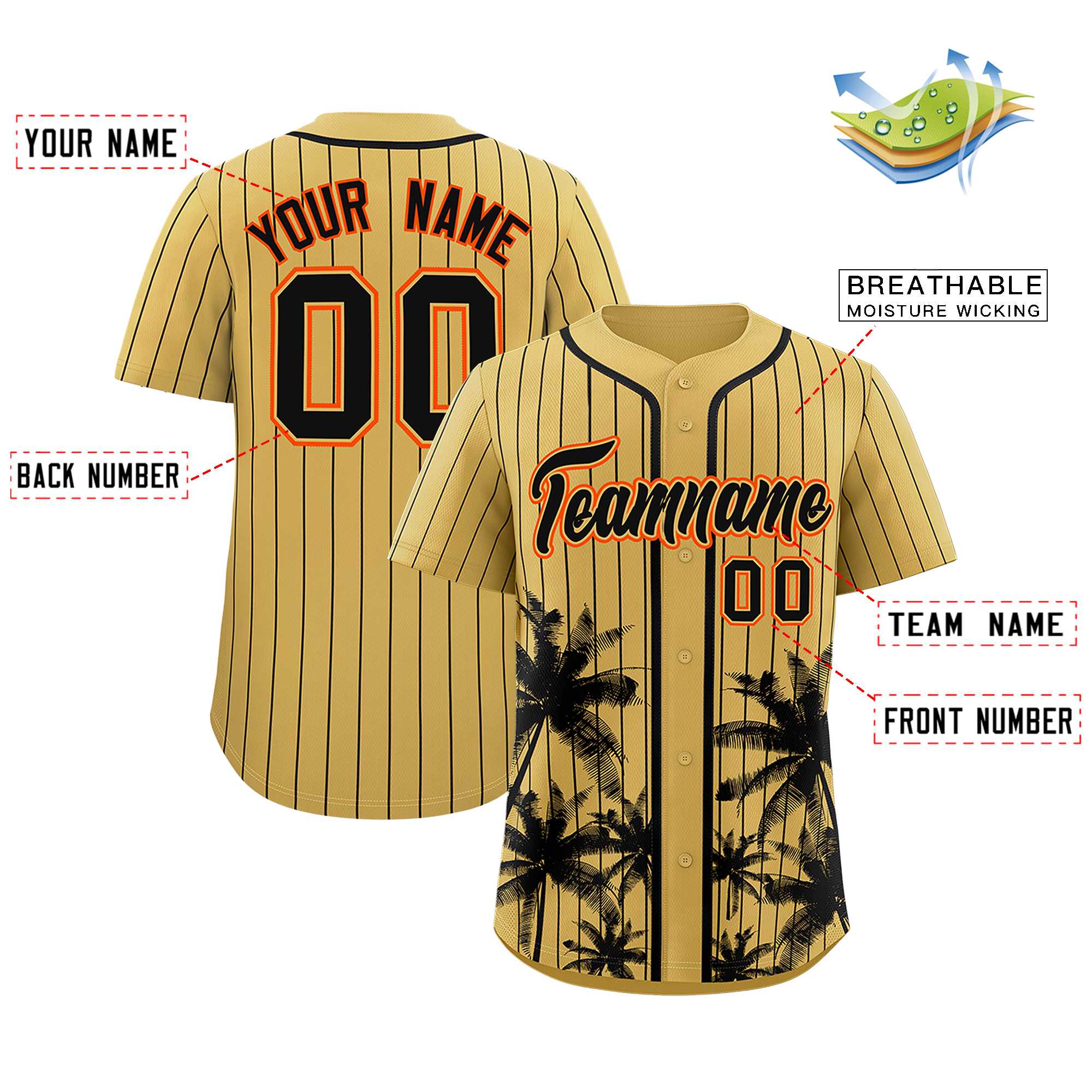 Custom Old Gold Black Pinstripe Coconut Tree Pattern Authentic Baseball Jersey