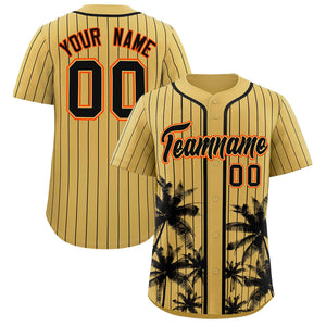 Custom Old Gold Black Pinstripe Coconut Tree Pattern Authentic Baseball Jersey