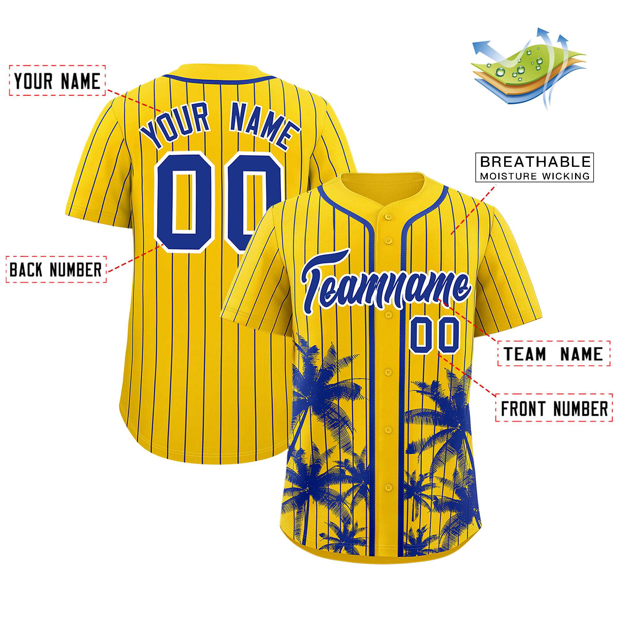 Custom Gold Royal Pinstripe Coconut Tree Pattern Authentic Baseball Jersey