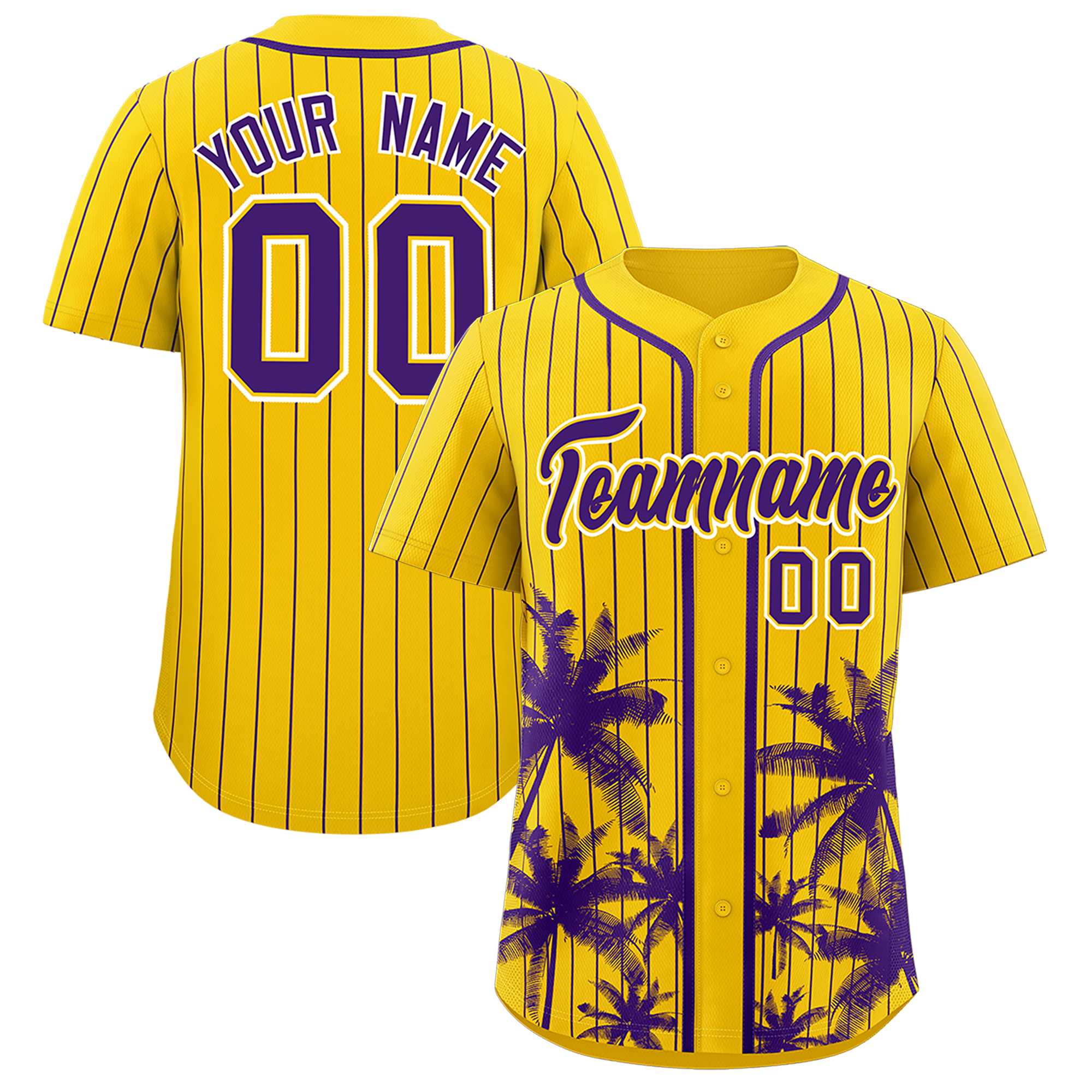 Custom Gold Purple Pinstripe Coconut Tree Pattern Authentic Baseball Jersey