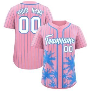 Custom Light Pink Powder Blue Pinstripe Coconut Tree Pattern Authentic Baseball Jersey