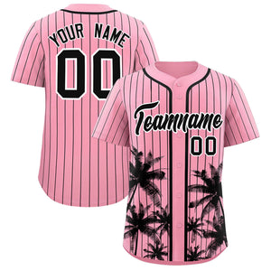 Custom Light Pink Black Pinstripe Coconut Tree Pattern Authentic Baseball Jersey