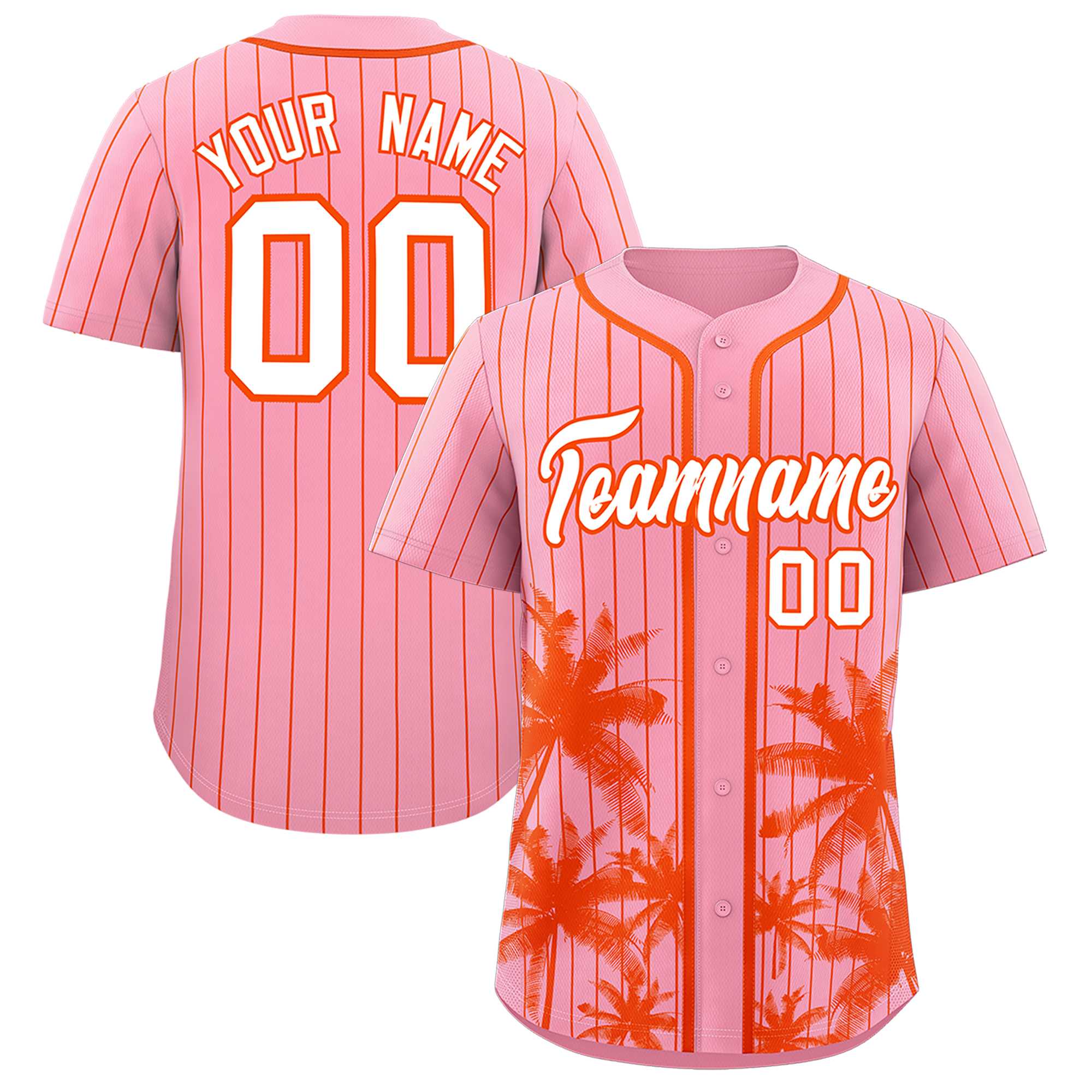 Custom Light Pink Orange Pinstripe Coconut Tree Pattern Authentic Baseball Jersey