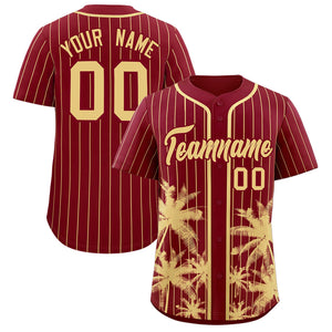 Custom Crimson Khaki Pinstripe Coconut Tree Pattern Authentic Baseball Jersey