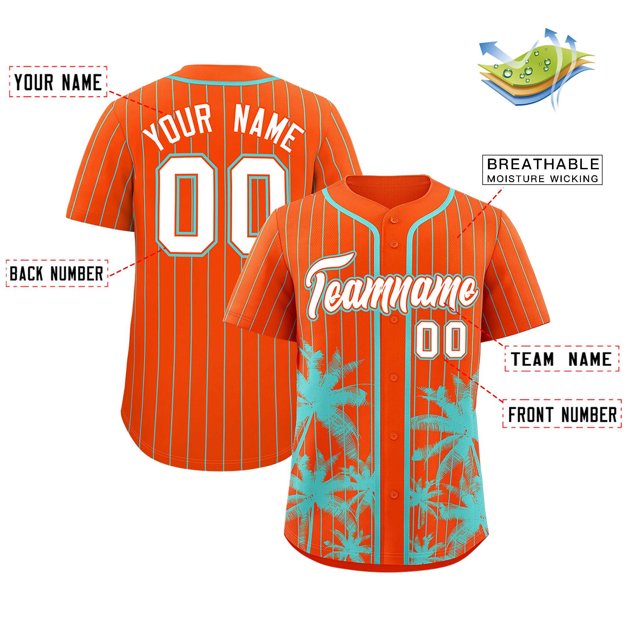 Custom Orange Aqua Pinstripe Coconut Tree Pattern Authentic Baseball Jersey