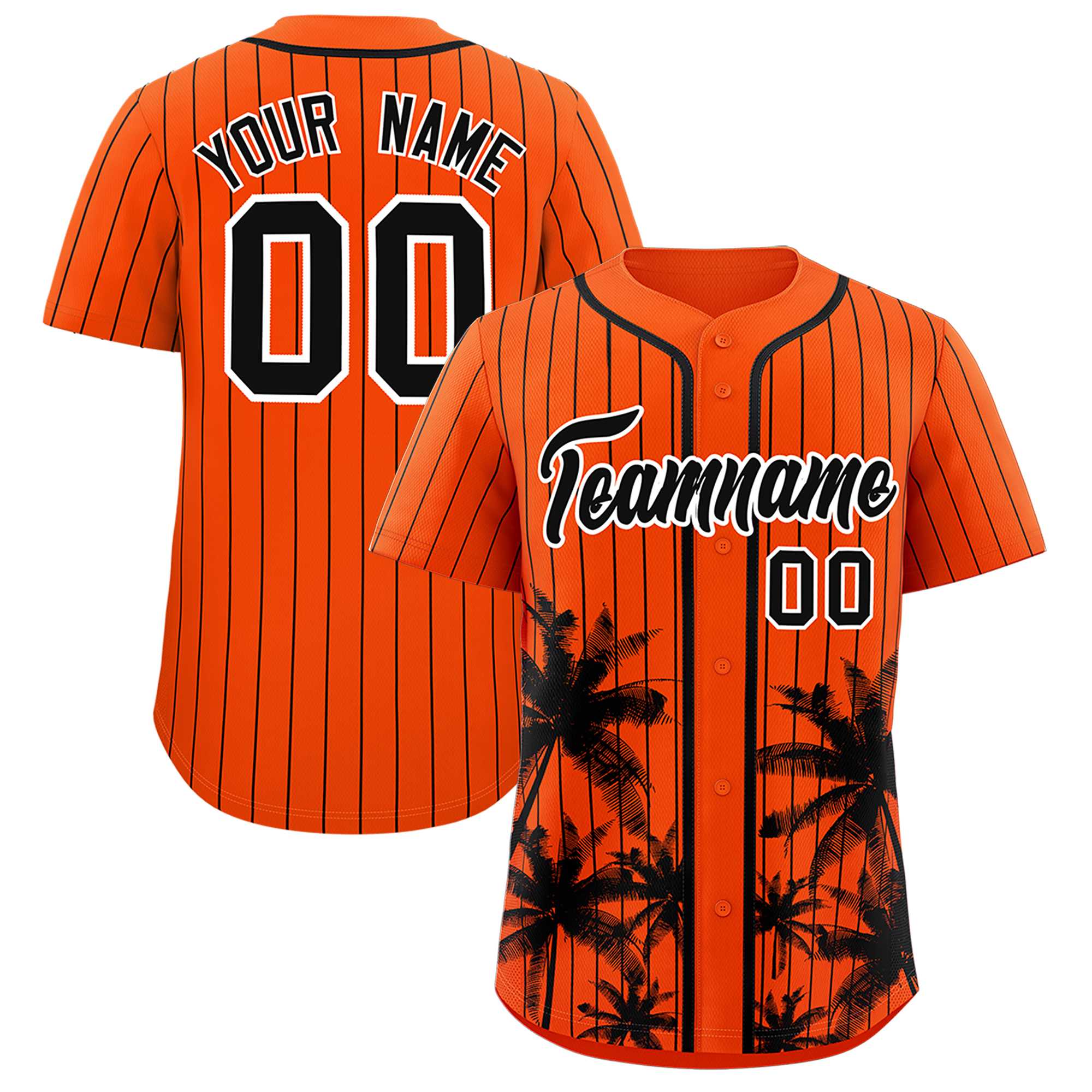 Custom Orange Black Pinstripe Coconut Tree Pattern Authentic Baseball Jersey