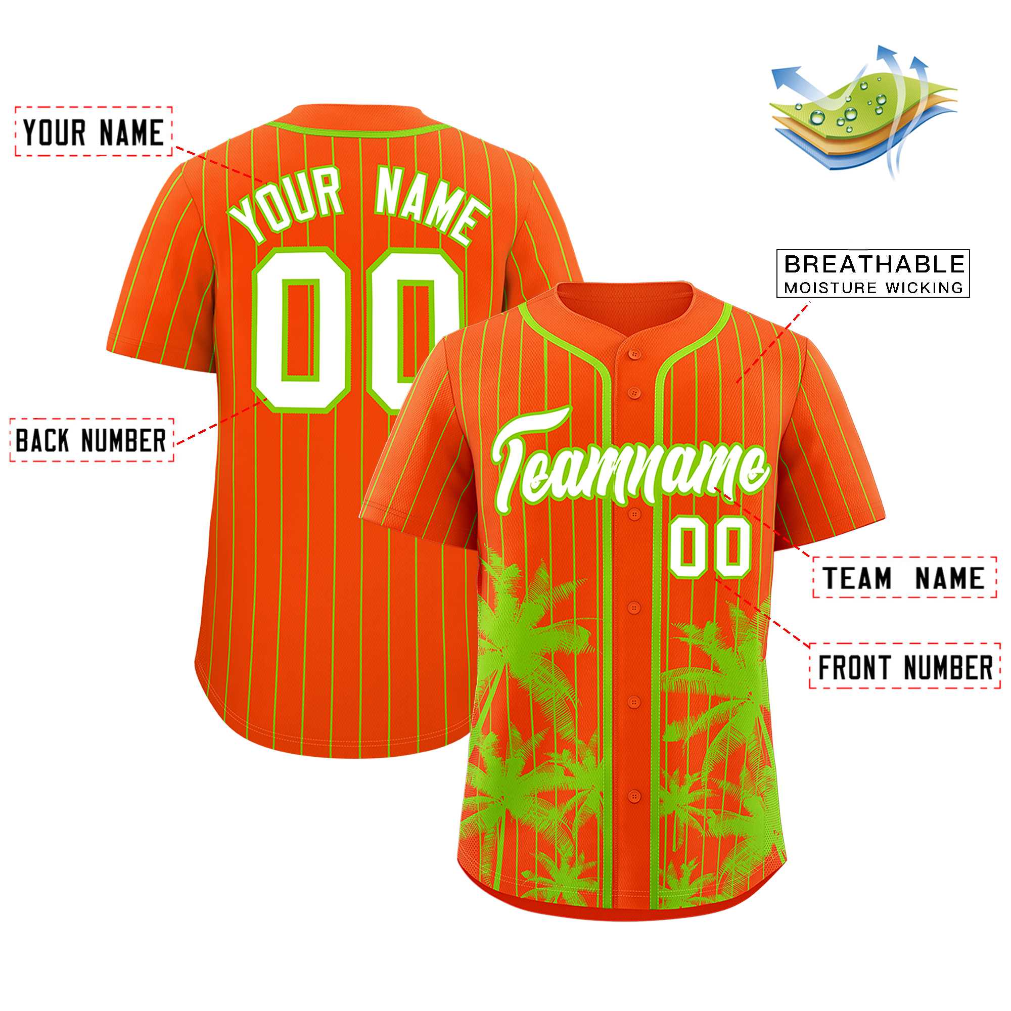 Custom Orange Neon Green Pinstripe Coconut Tree Pattern Authentic Baseball Jersey